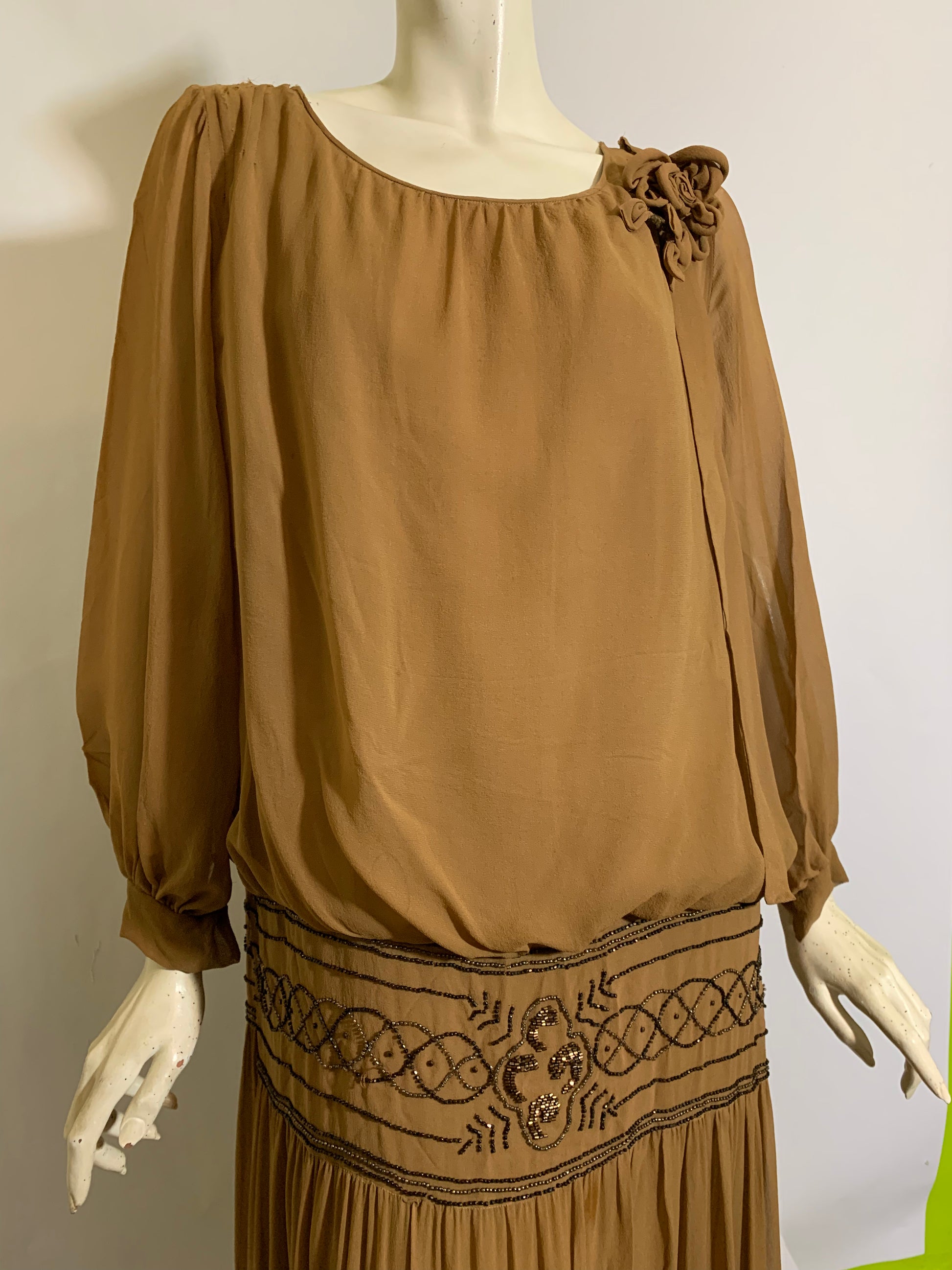 Cinnamon Silk Blouson Dropped Waist Beaded Dress circa 1920s Dorothea's Closet Vintage Cinnamon Silk Blouson Dropped Waist Beaded Dress circa 1920s Dorothea's Closet Vintage