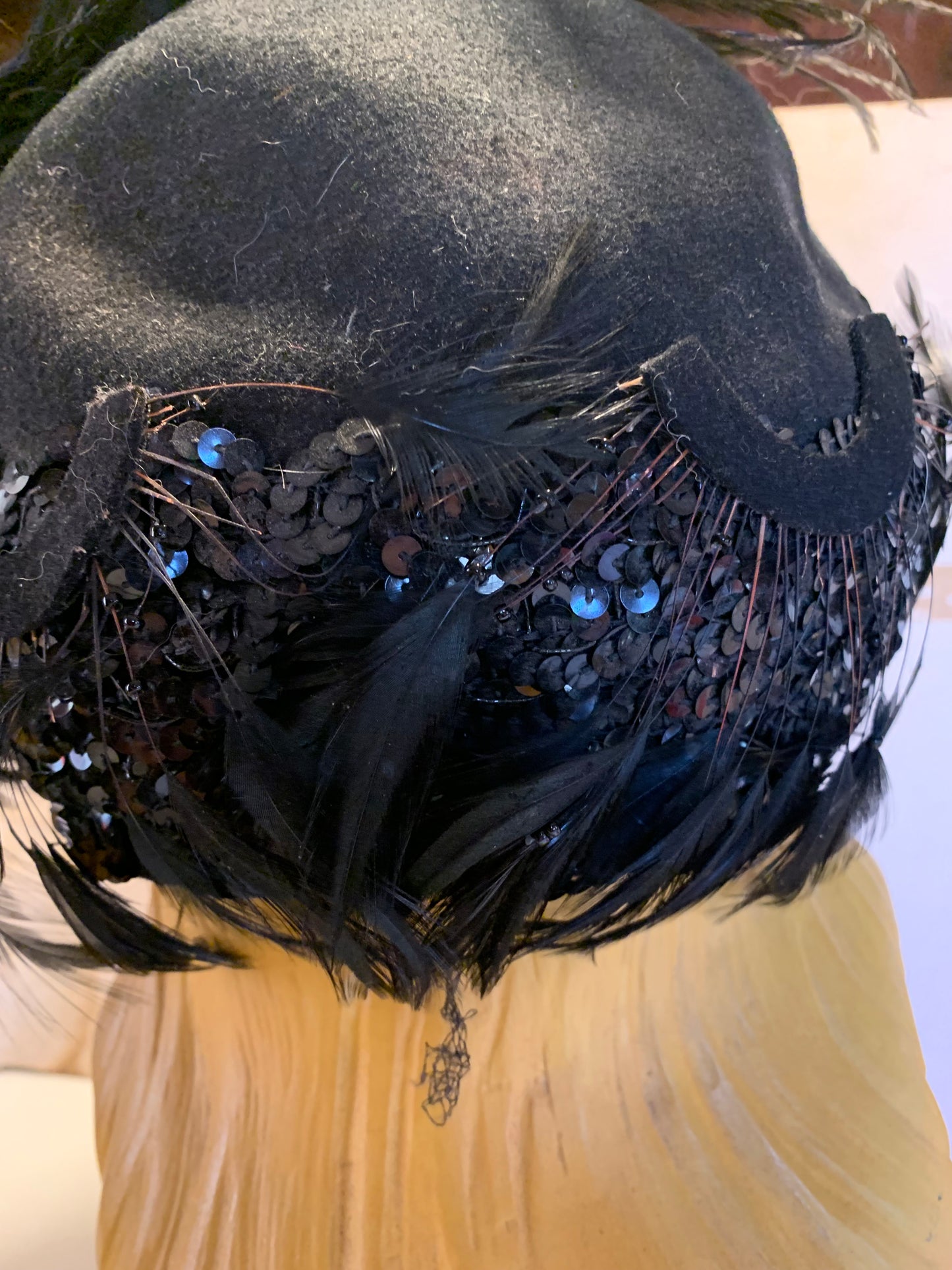 Feather and Sequins Turban Inspired Black Wool Hat circa 1940s