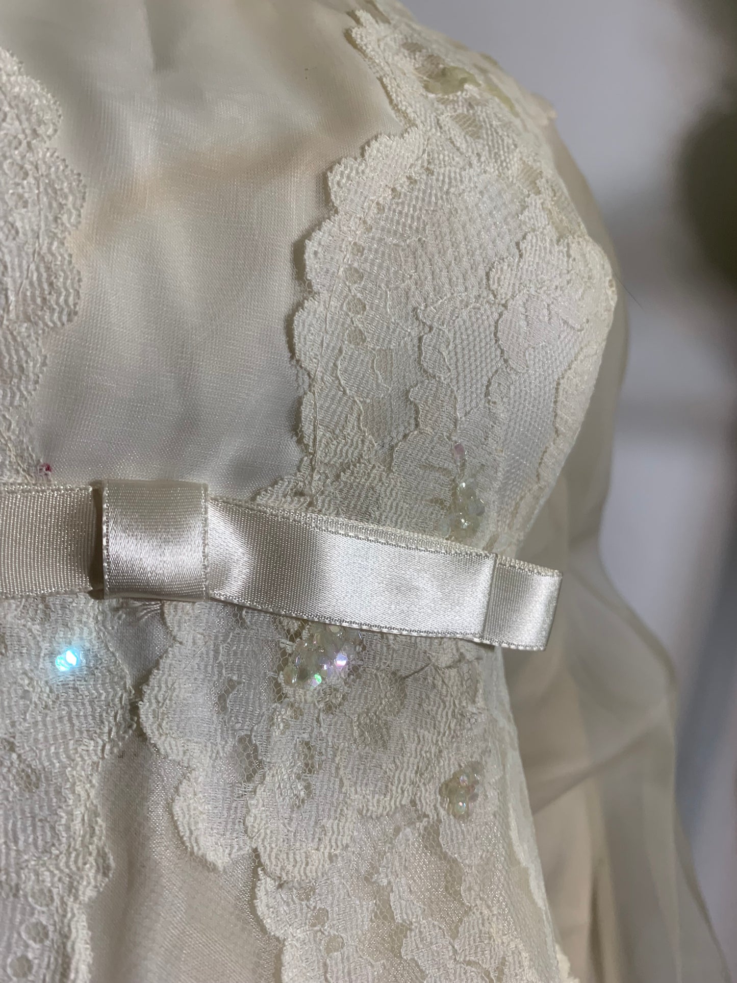 Regency Inspired Empire Waist Lace Trimmed Wedding Dress & Long Veil circa 1960s