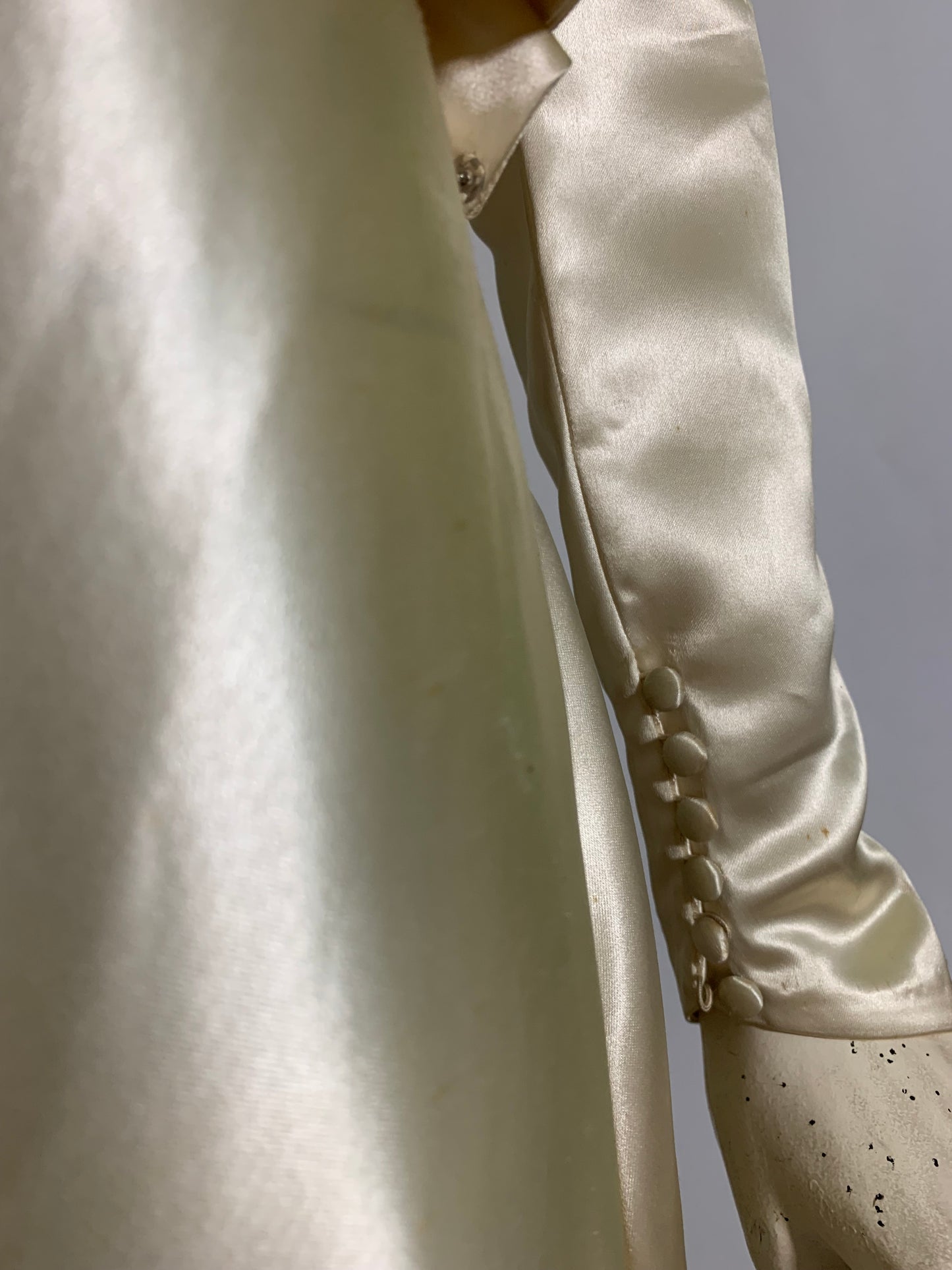 Winter White Slipped Satin Wedding Dress with Beaded Neckline and Hip Accents circa 1940s