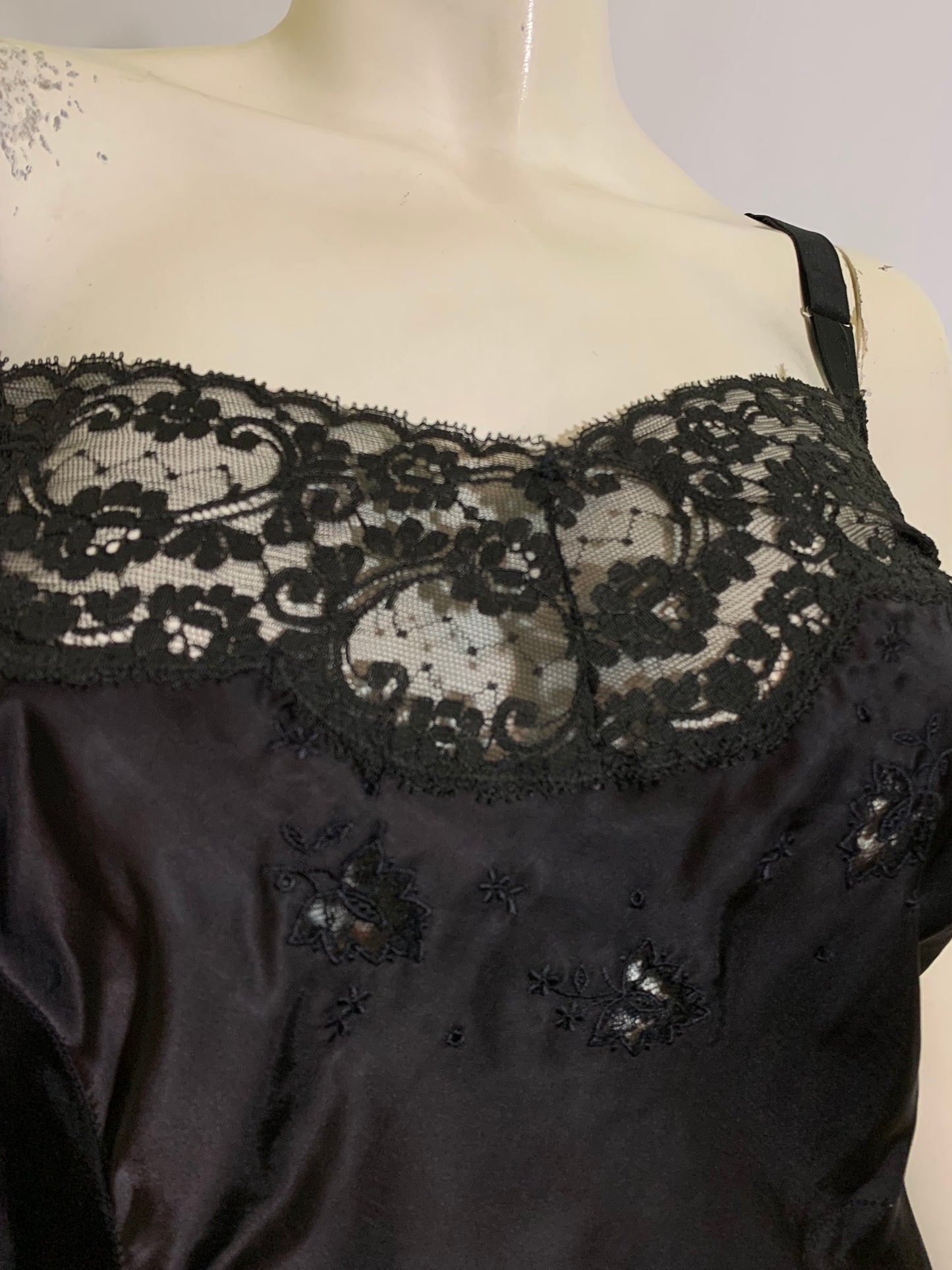 Black Satin Embroidered Full Slip circa 1940s 40