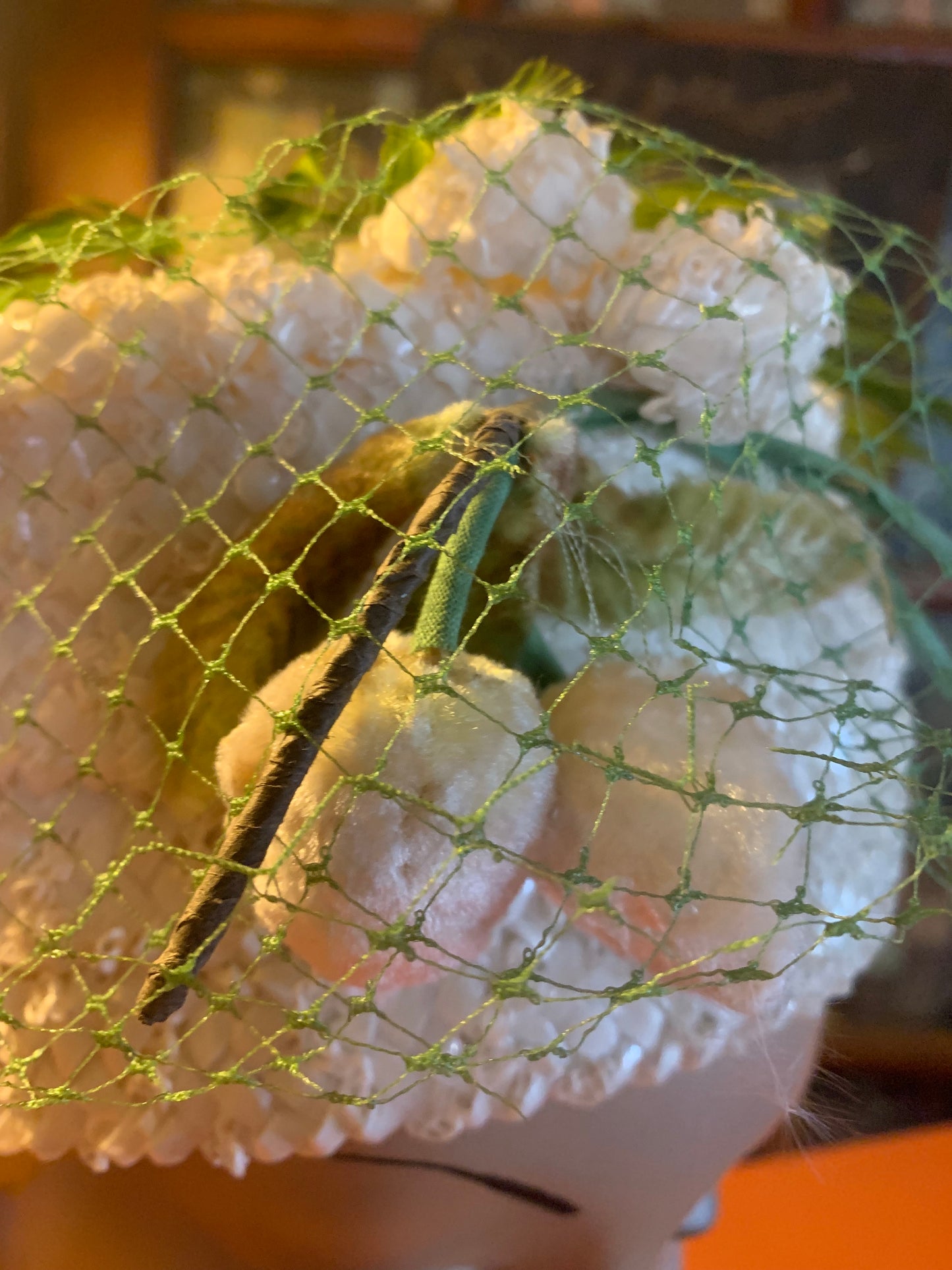 Warm Ivory Braided Sisal Pill Bow Hat with Green Feathers and Iridescent Beads circa 1960s