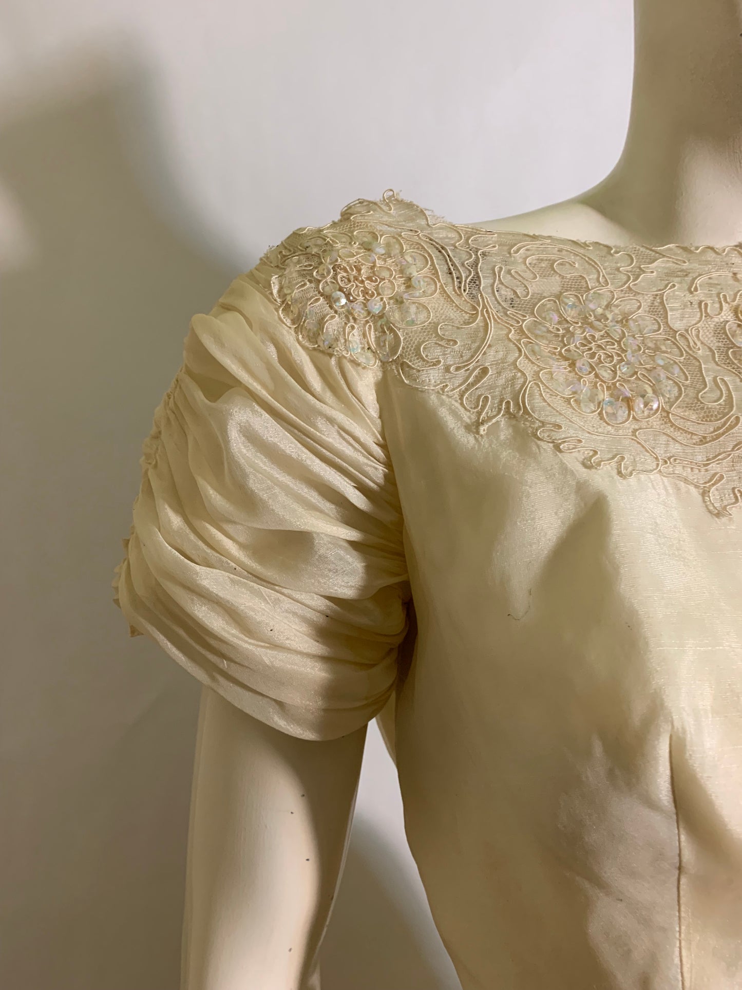 Ivory Organza Short Sleeved Sequined Wedding Dress Massive Skirt circa 1950s