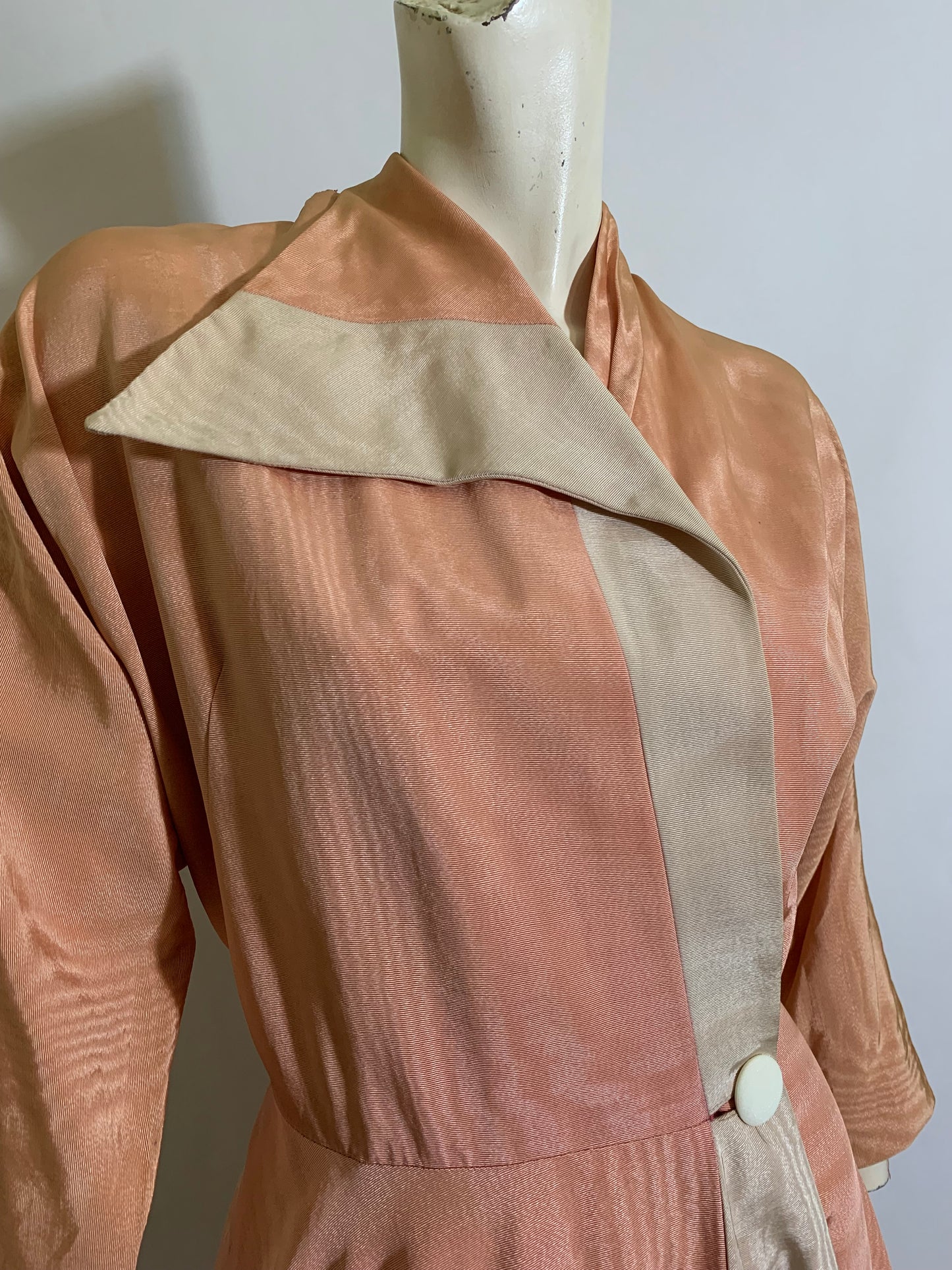 Peache Moiré Taffeta Two Tone Robe with Asymmetrical Robe circa 1940s