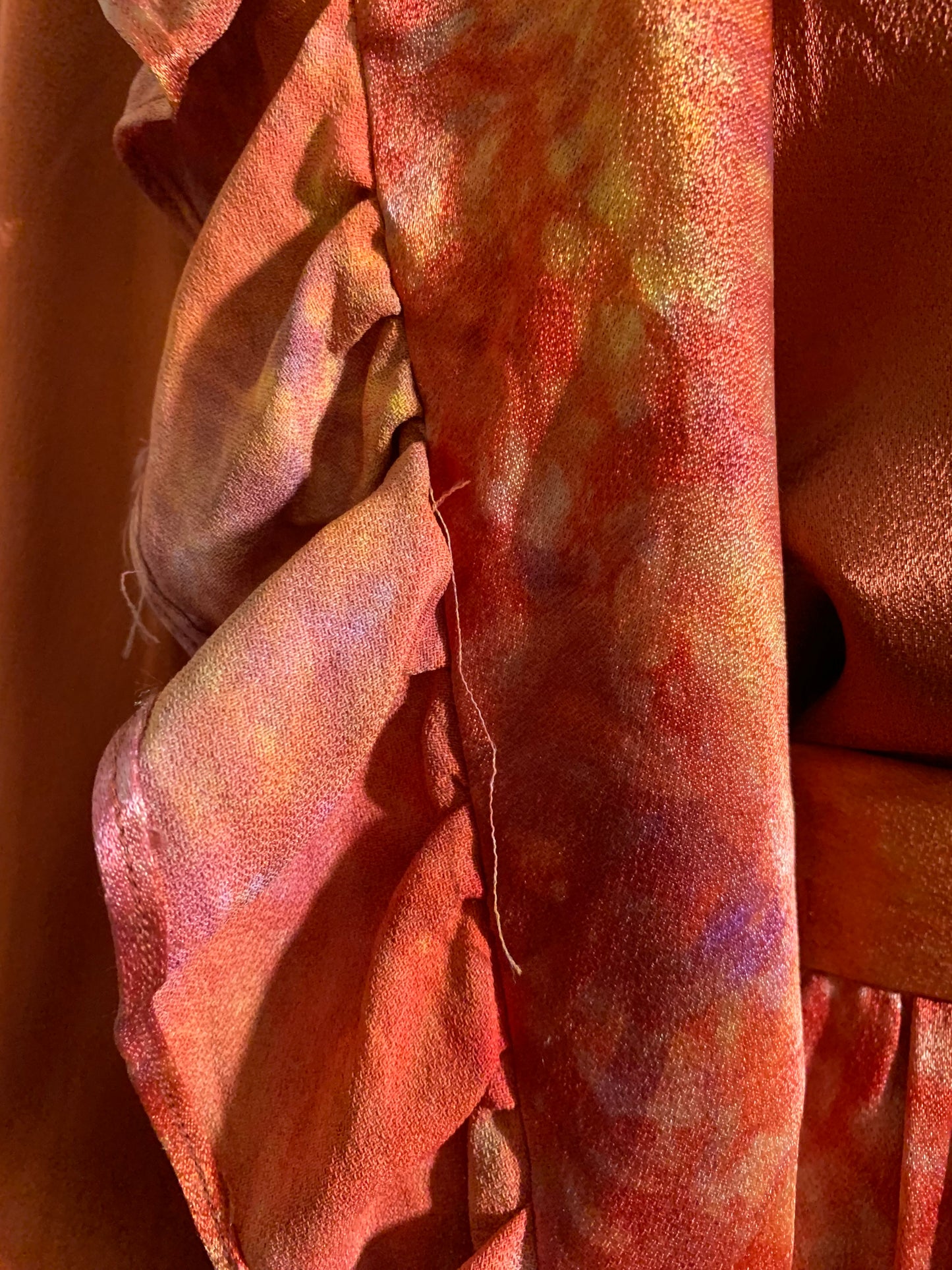 Fiery Tie Dye Peasant Style Silk Charmeuse 3 Piece Maxi Dress Set circa 1970s