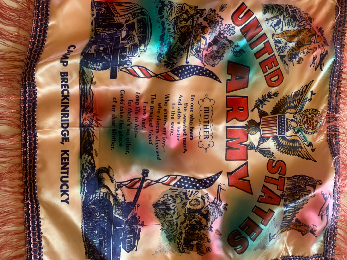 WWII US Army Pink Fringed Pillow Case Poem for Mother circa 1940s