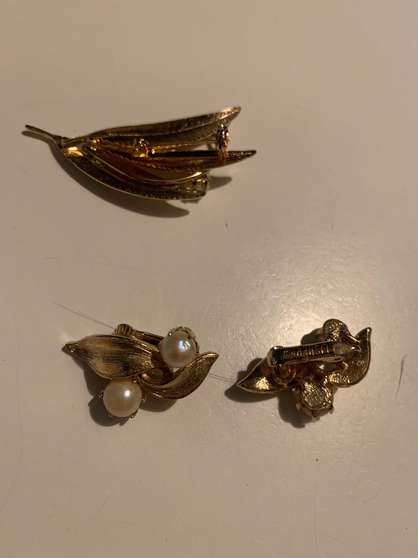 Flower and Faux Pearl Brooch and Earrings circa 1970s