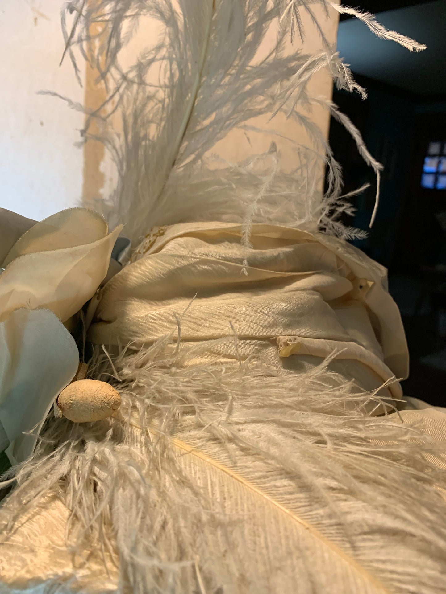 The Bride Reimagined Edwardian Silk Hat and Flowers with Antique Hanky, Pale Blue Ribbon and Feathers