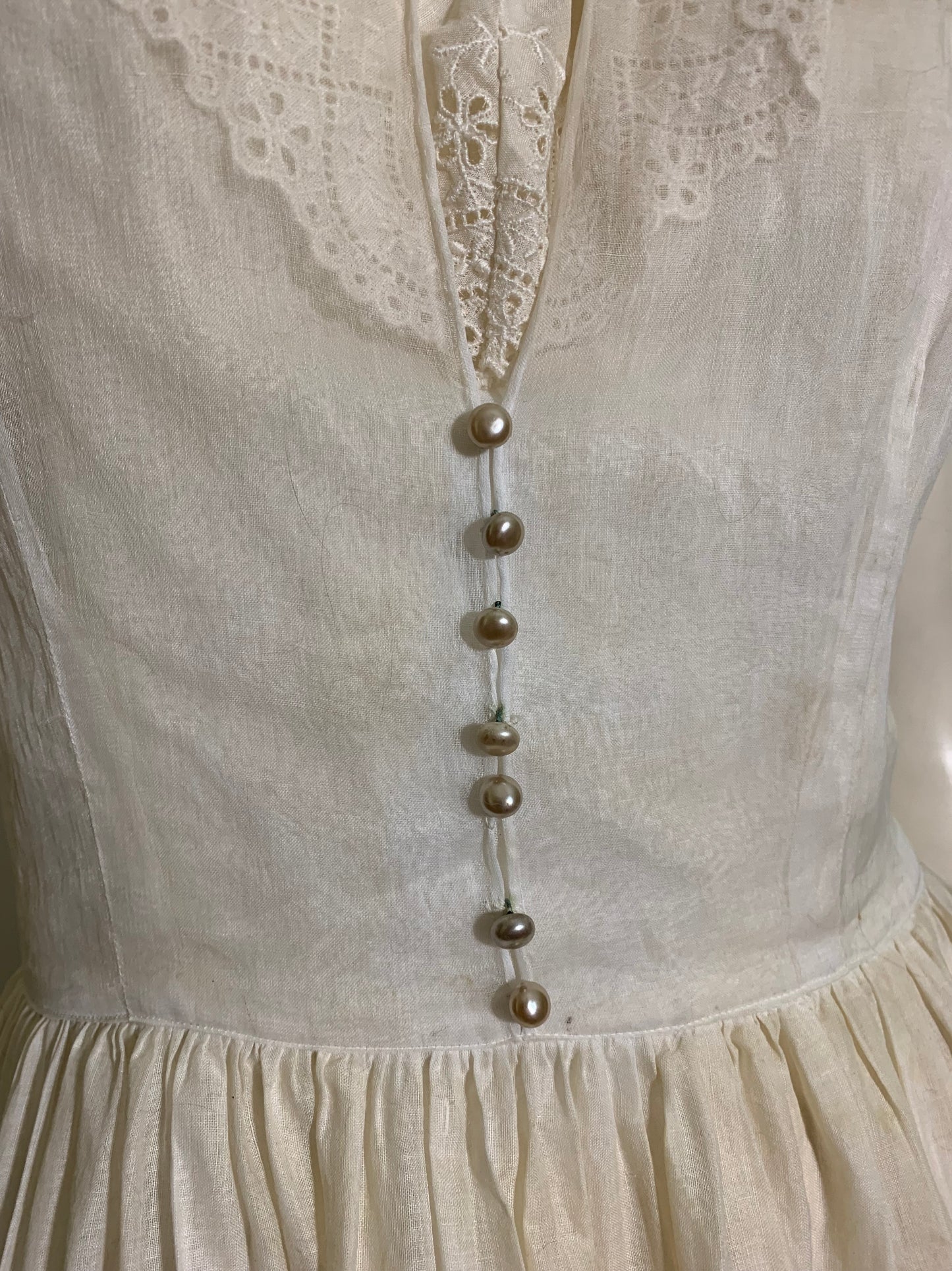 Sheer Off White Party Dress with Faux Pearl Buttons circa 1940s