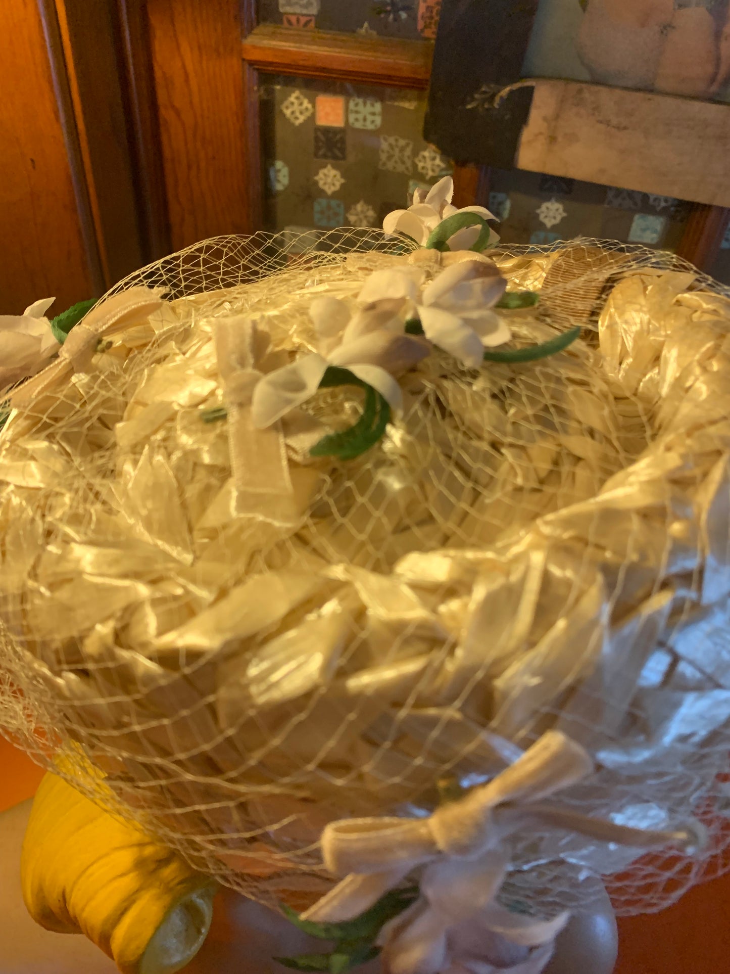 Cream Braided Cello Pill Box Hat with Silk Blossoms circa 1960s