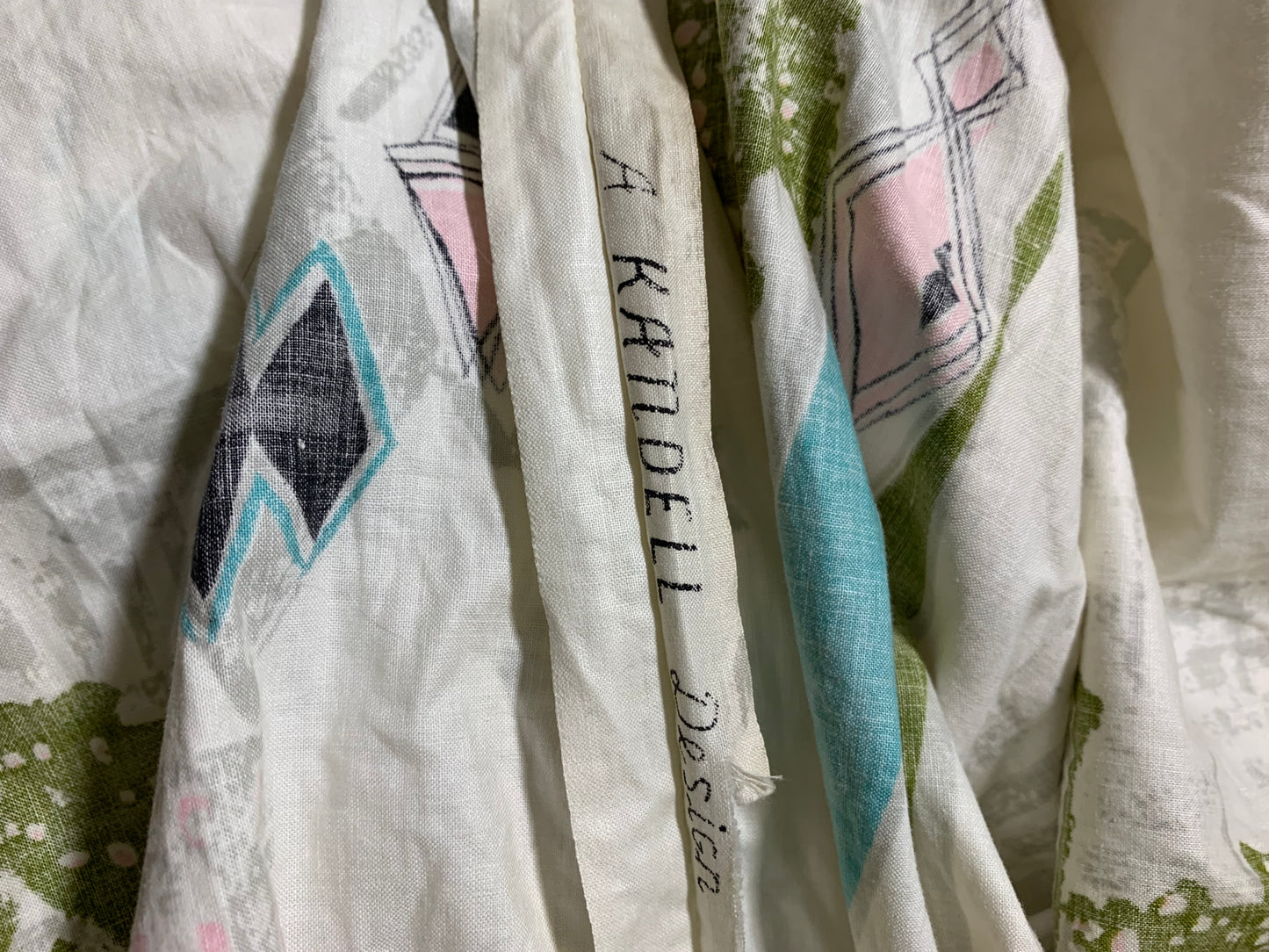 Pink, Aqua and White Atomic Print Kandell Glazed Chintz Full Skirt circa 1950s