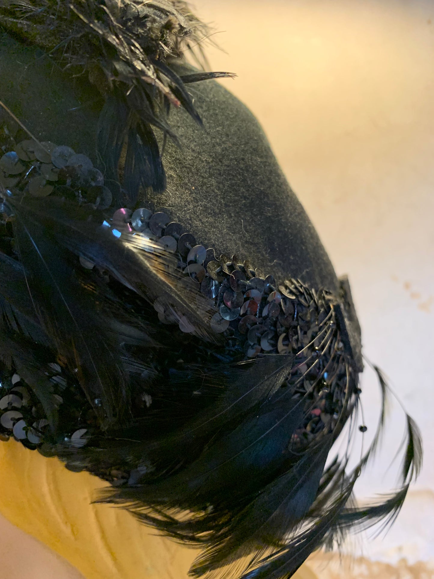 Feather and Sequins Turban Inspired Black Wool Hat circa 1940s