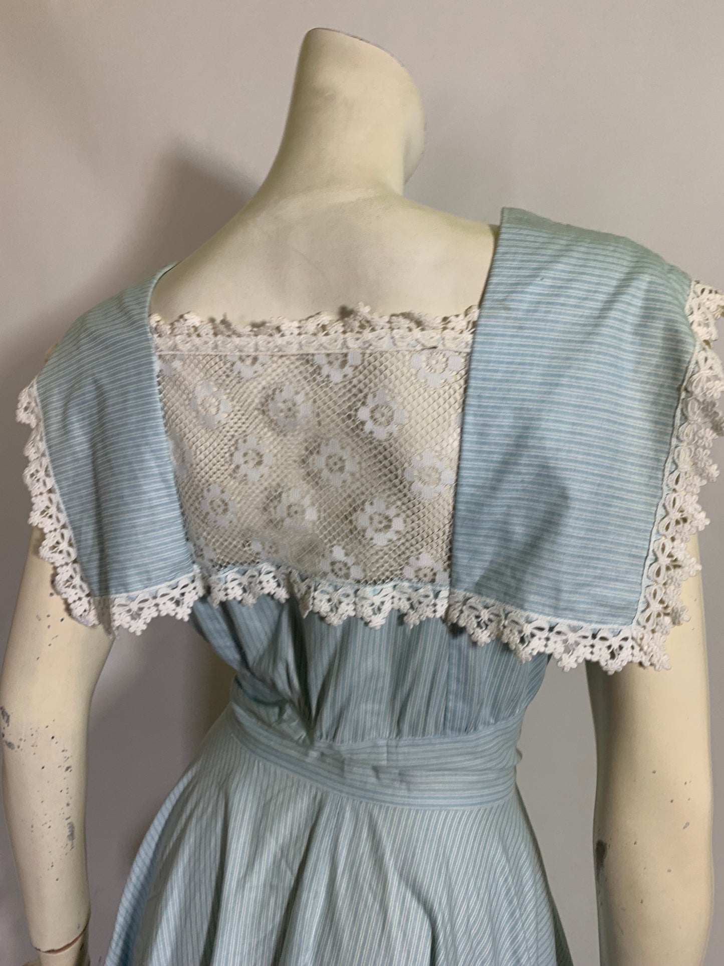 Ticking Striped Baby Blue Cotton Dress with Lace Trim circa 1980s Gunne Sax