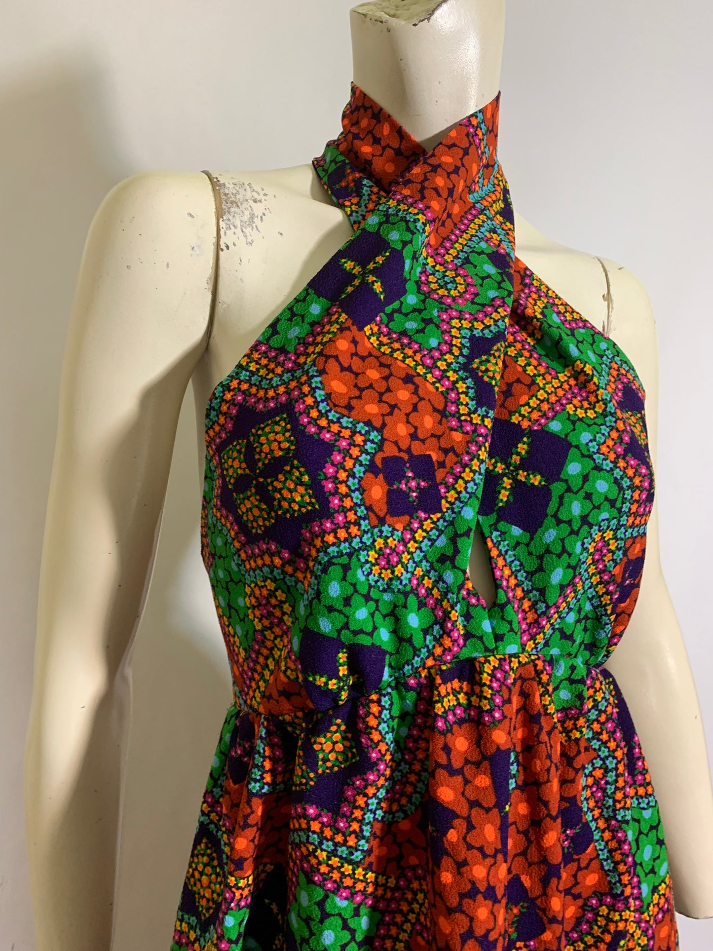 Twist Front Open Back Multicolored Maxi Dress circa 1970s