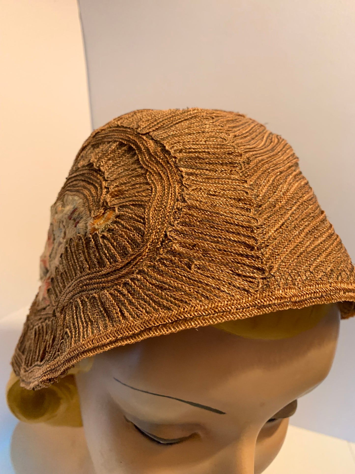 RESERVED Pastel Flower Embroidered Natural Sisal Cloche Hat circa 1920s