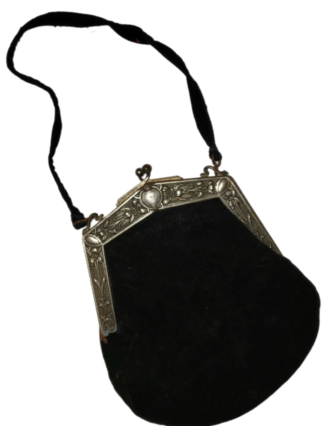 Elegant Metal Frame Black Cotton Velvet Handbag circa 1910s