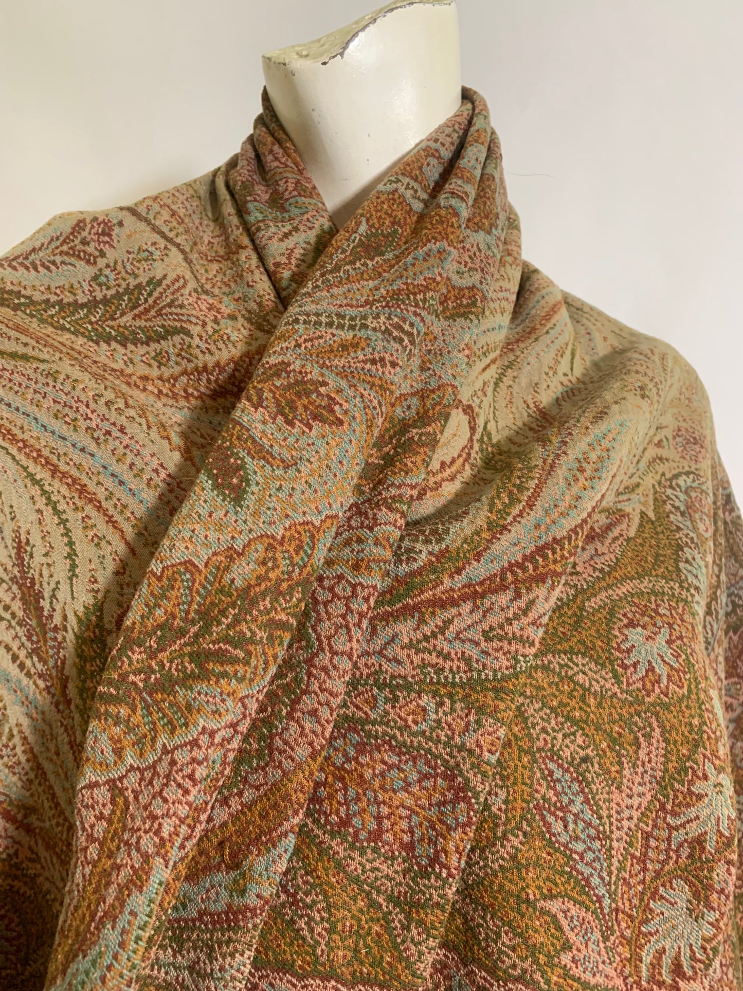 Turn of the Century Sage Green and Terra Cotta Paisley Brocade Wool Shawl circa 1900