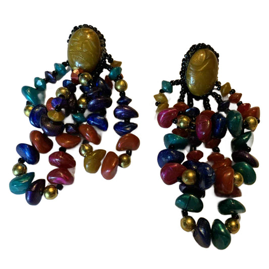 Exotic Looped Beaded Statement Earrings circa 1980s