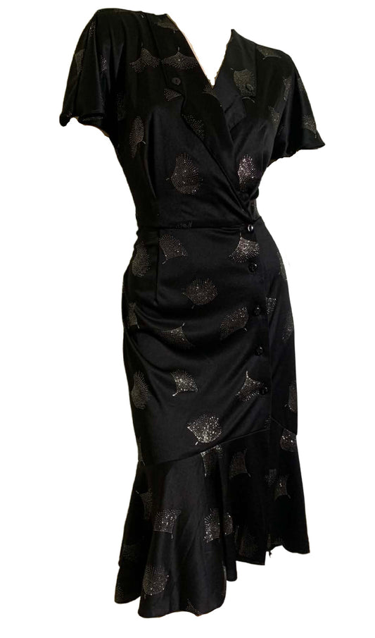 Black Nylon Slinky Disco Dress with Silver Art Deco Design circa 1980s