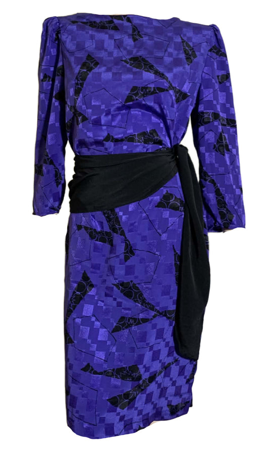Geometric Design Black and Blue Wedge Dress with Black Sash circa 1980s