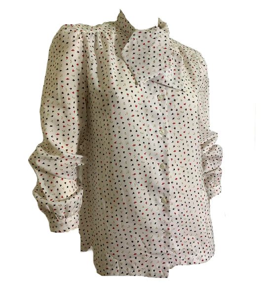 Heart Print Ascot Neckline Button Front Blouse circa 1980s
