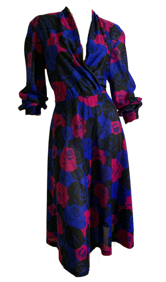 Purple and Blue Floral Print Flared Skirt Dress circa 1980s
