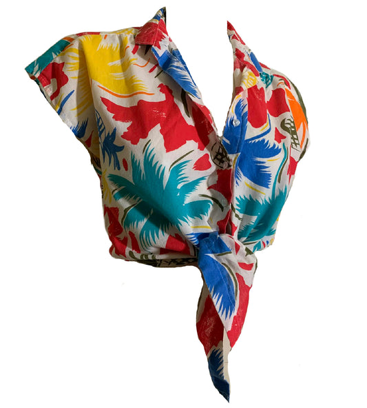 Tropical Print Tie Front Blouse circa 1980s