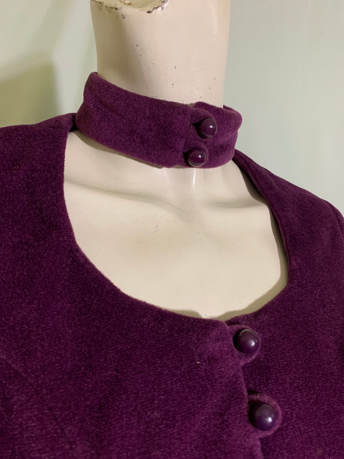 Aubergine Purple Velour Hot Pants and Split Front Mini Dress with Choker Collar circa 1970s