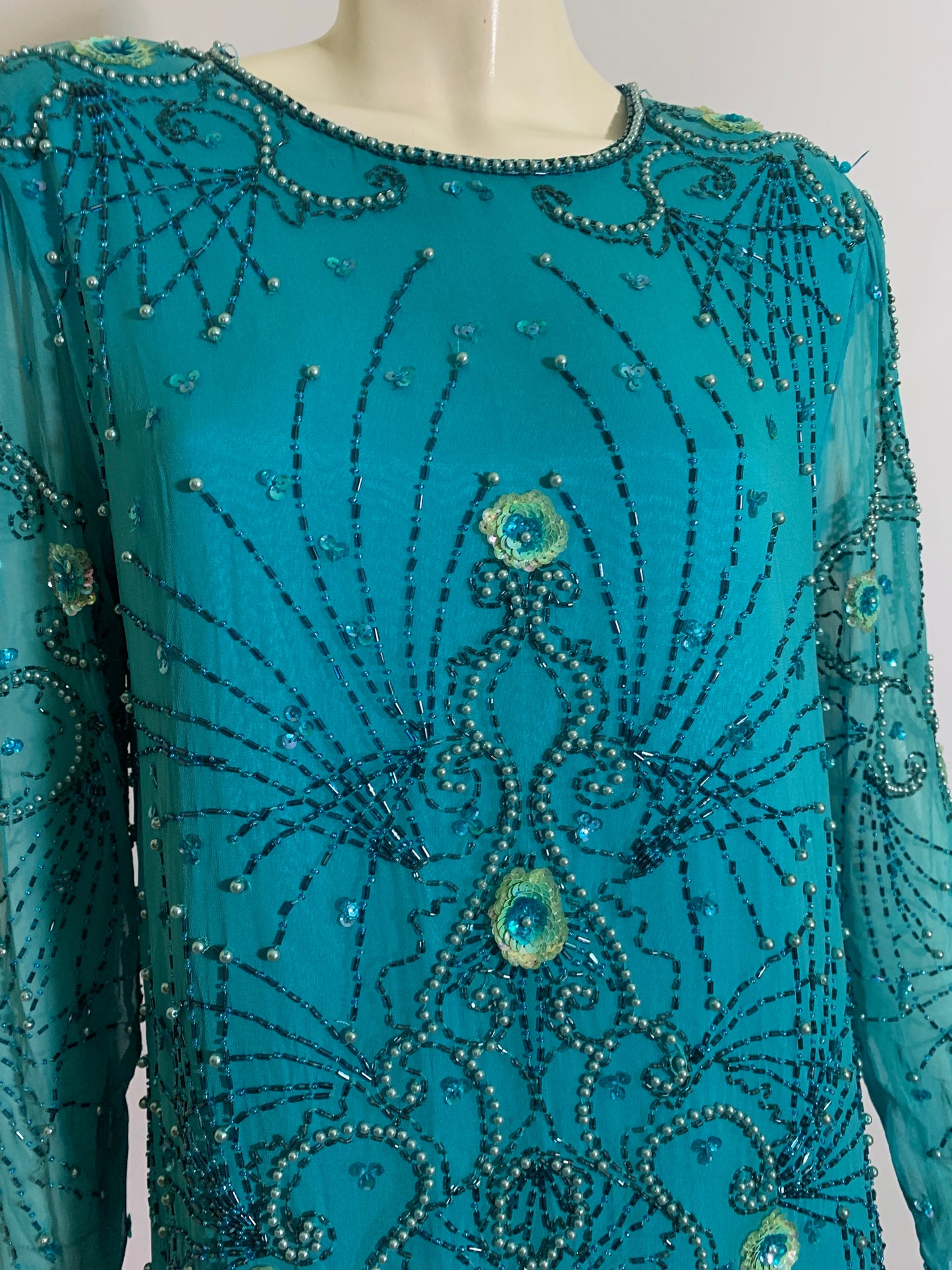 Turquoise Silk 1920s Inspired Sequined and Beaded Dress circa 1980s