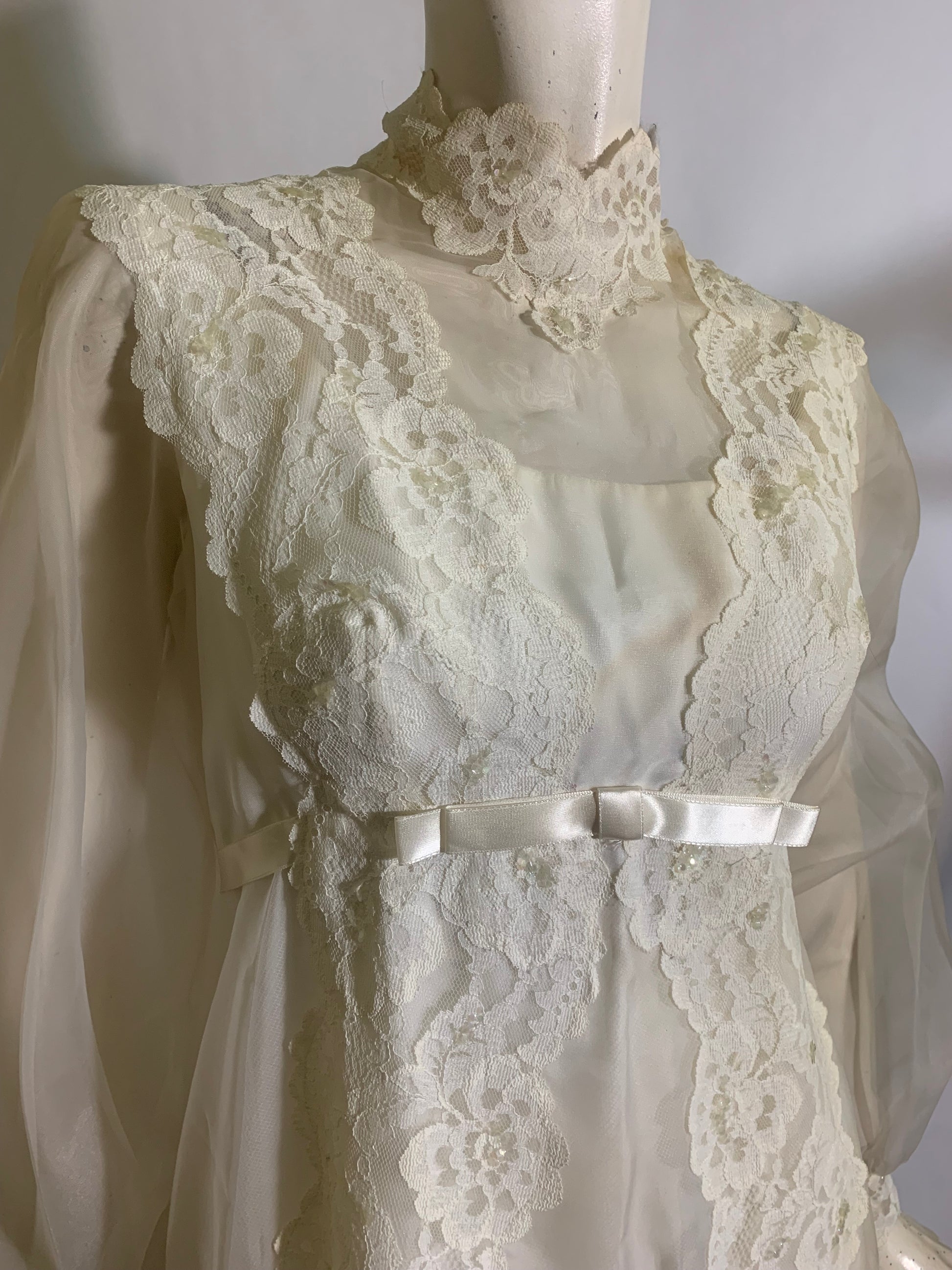 Regency Inspired Empire Waist Lace Trimmed Wedding Dress & Long Veil circa 1960s Regency Inspired Empire Waist Lace Trimmed Wedding Dress & Long Veil circa 1960s