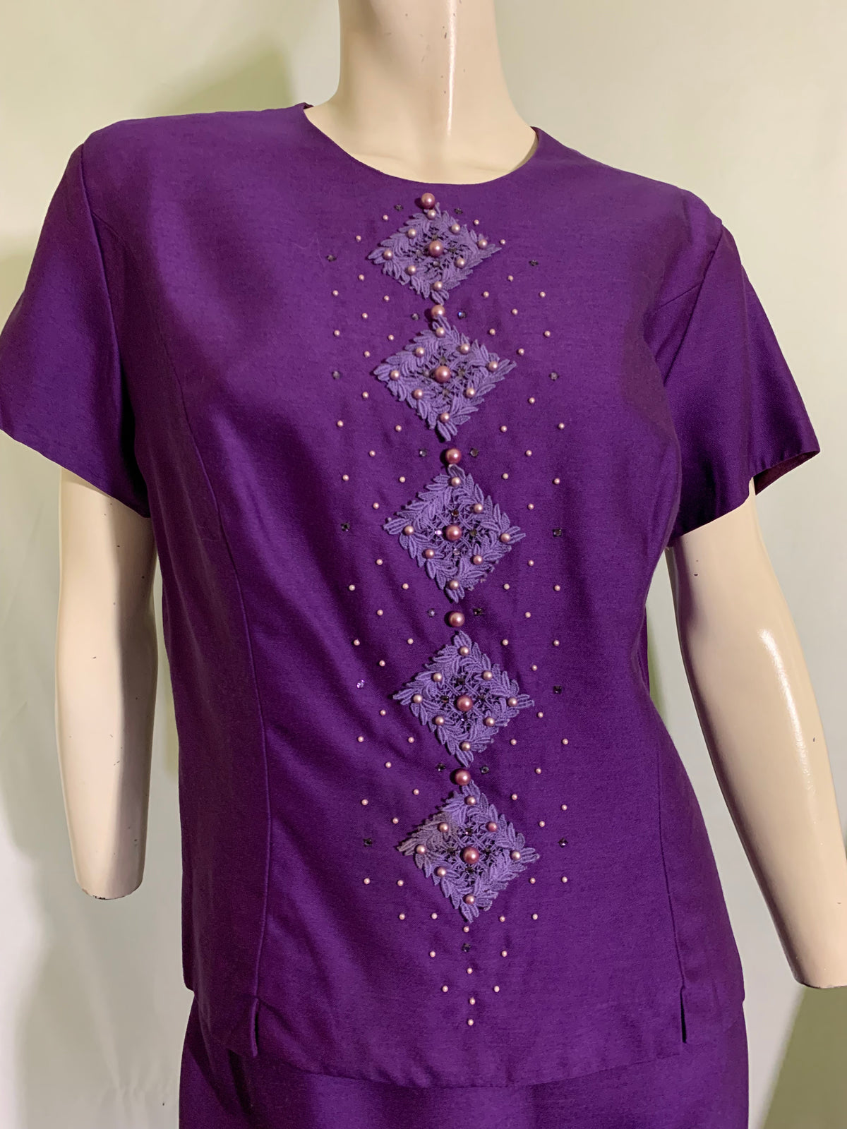 Purple 3 Piece Dress Set with Beads and Rhinestones circa 1960s
