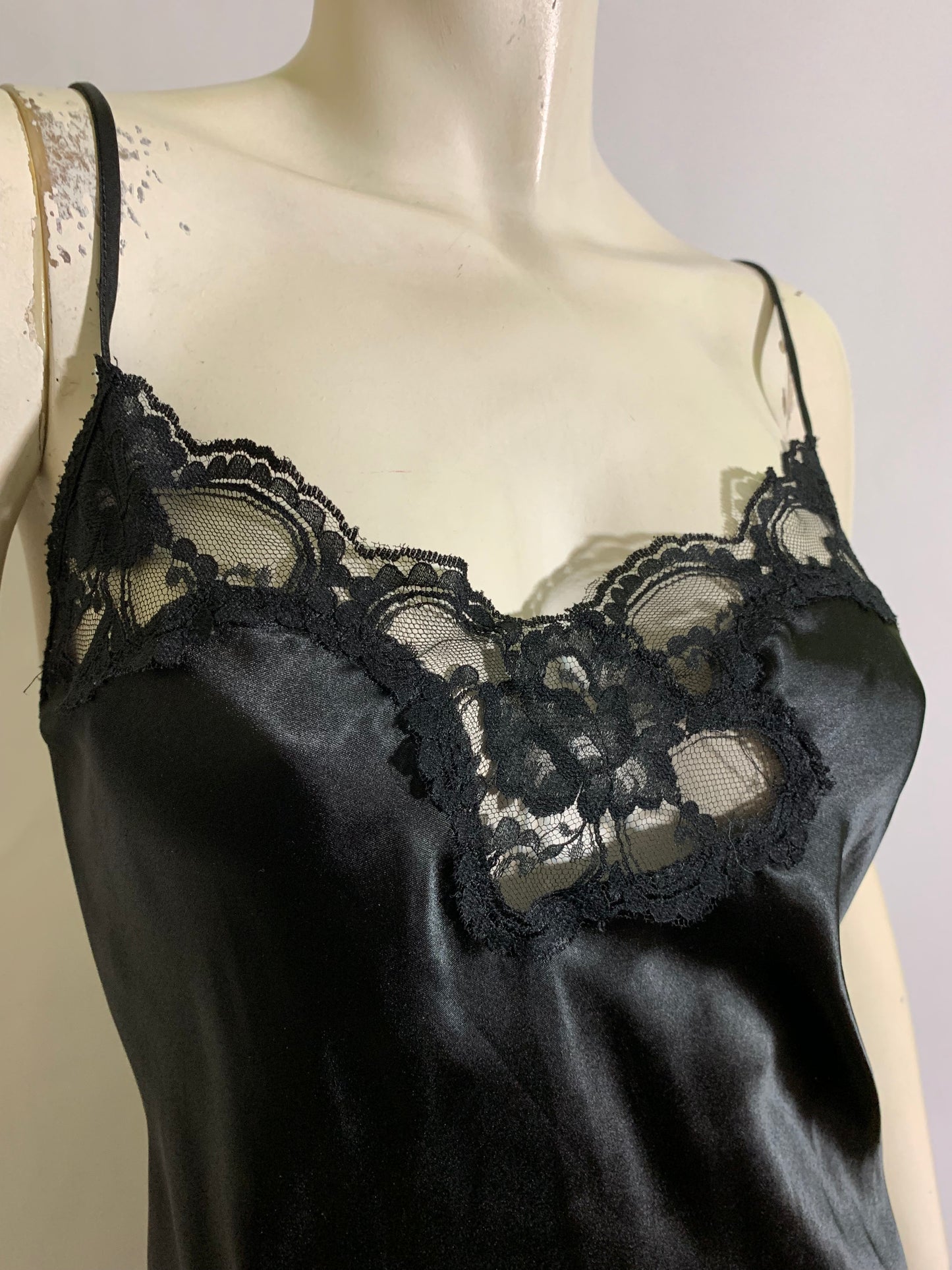 Slinky Black Satin and Lace Bias Cut Side Slit Nightgown circa 1980s M