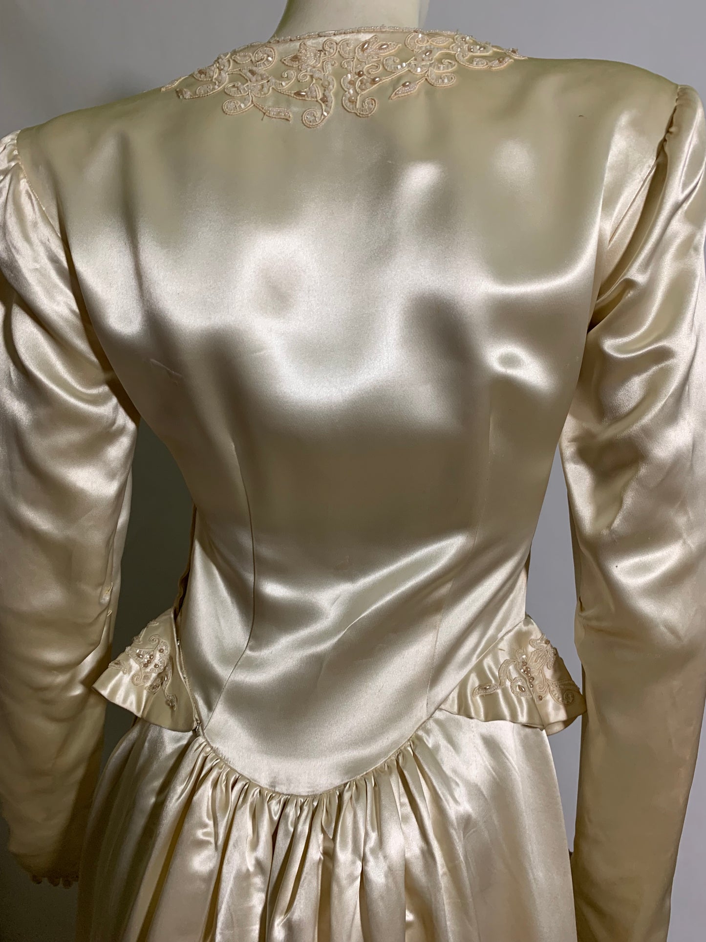 Winter White Slipped Satin Wedding Dress with Beaded Neckline and Hip Accents circa 1940s