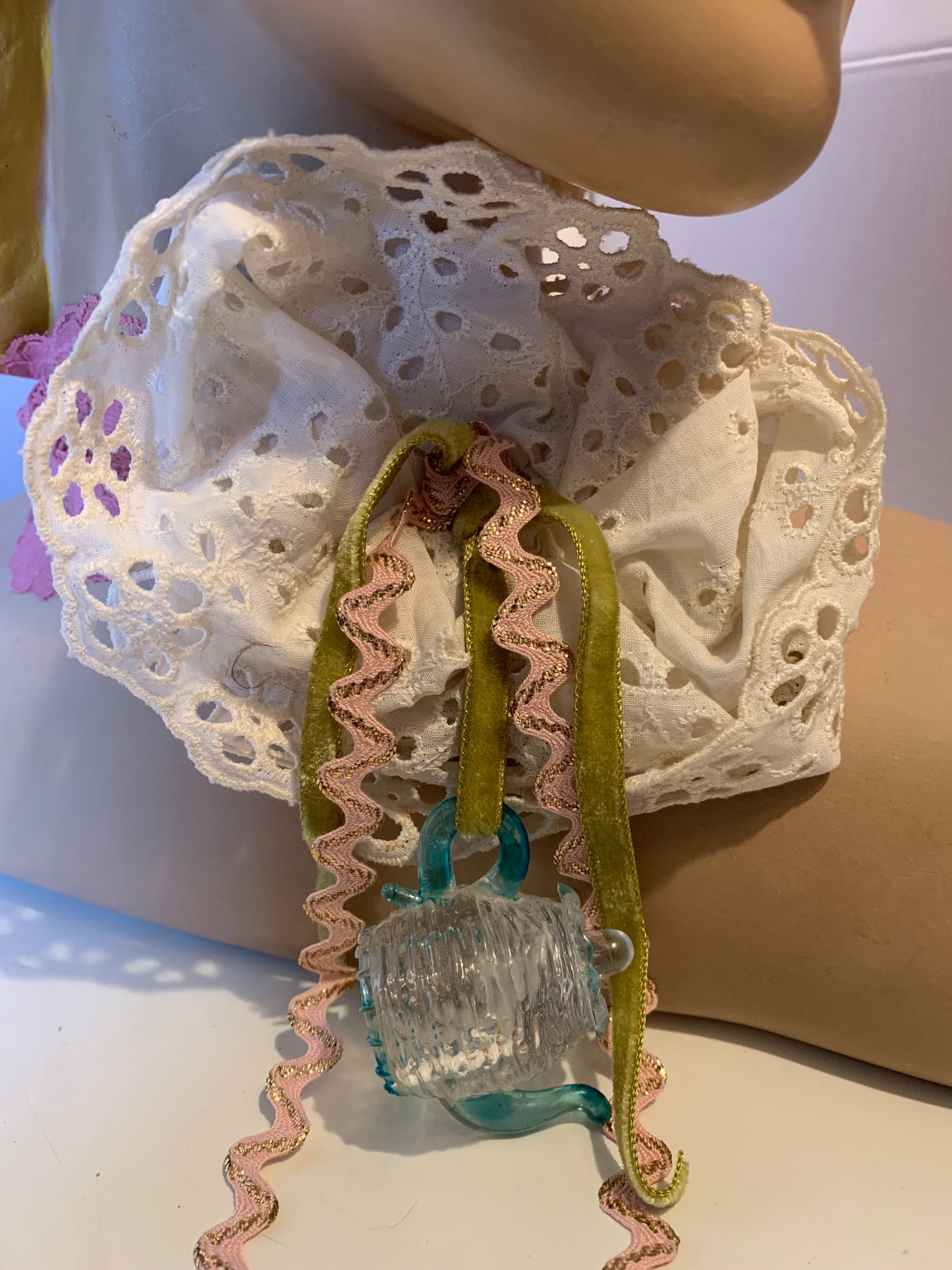 Tea Time Reimagined Pink Vintage Lace Choker Necklace with Ribbon & Vintage Teapot Pendant