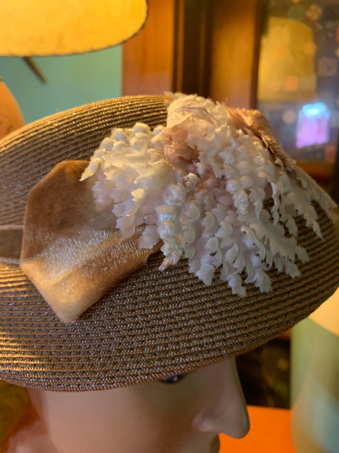 Mocha and Pink Sisal Hat with Velvet Leaves circa 1940s