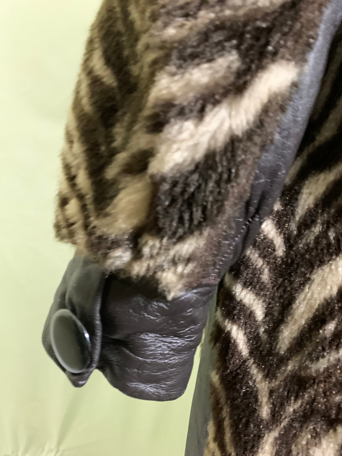 Funky Deep Brown Zebra Stripe Faux Fur Coat Pleather Accents circa 1970s