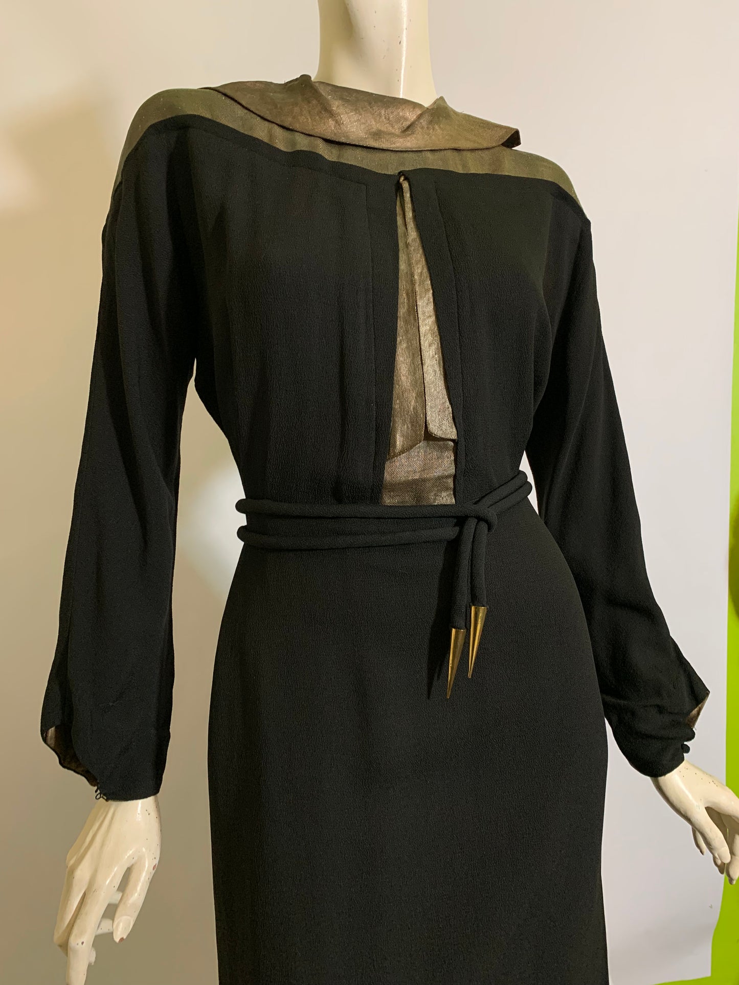 Black Crepe Rayon Evening Dress with Real Gold Metal Woven Accents circa 1930s