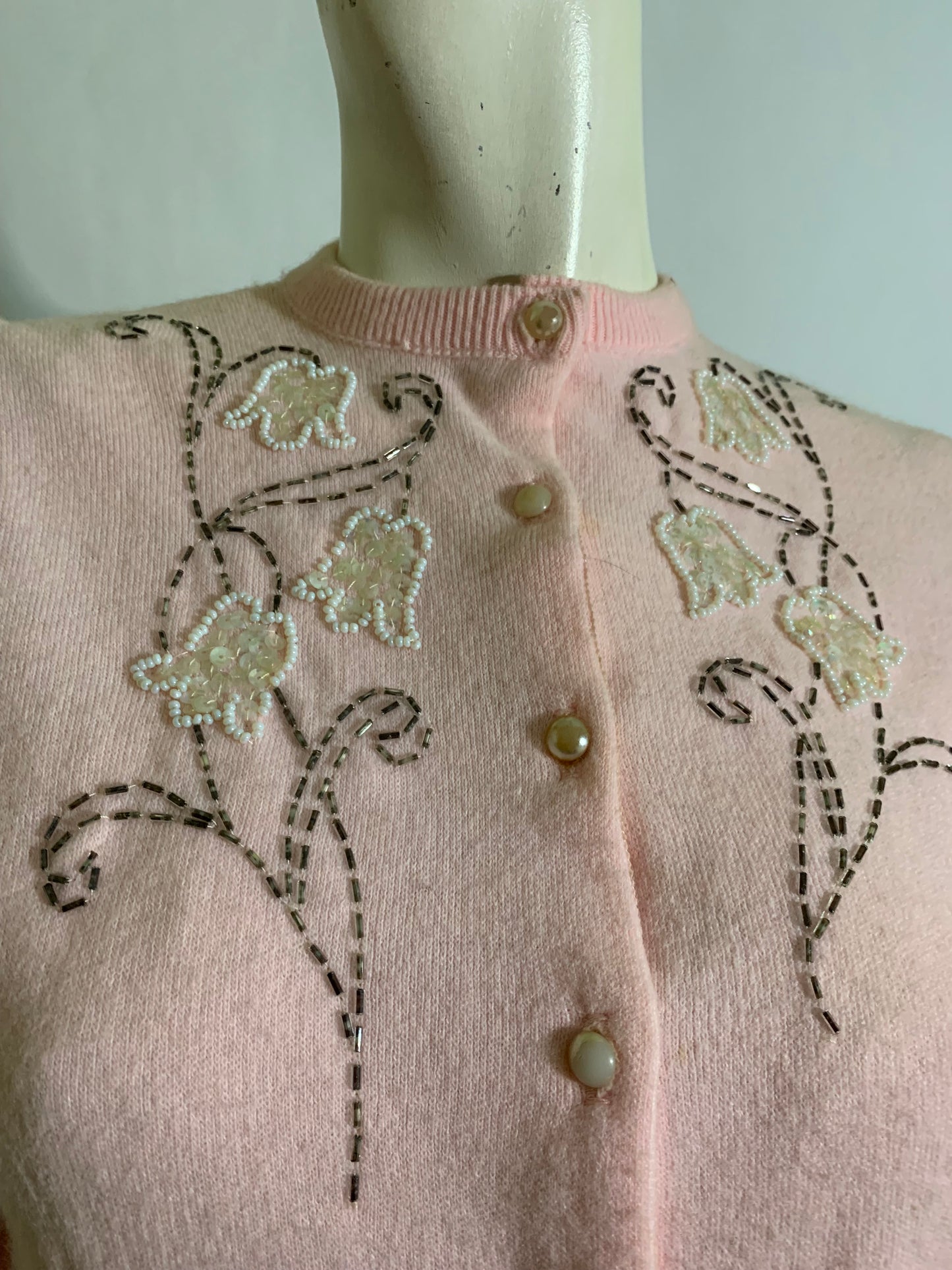 Rose Petal Pink Sequined and Beaded Button Front Cardigan Sweater circa 1960s