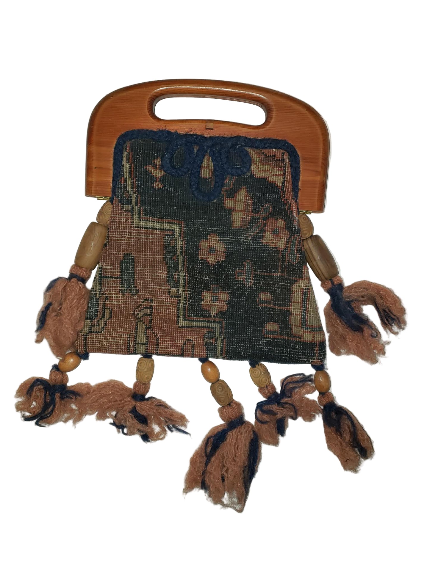 Arts & Crafts Style Fabric Handbag with Wooden Handle & Tassels circa 1910s