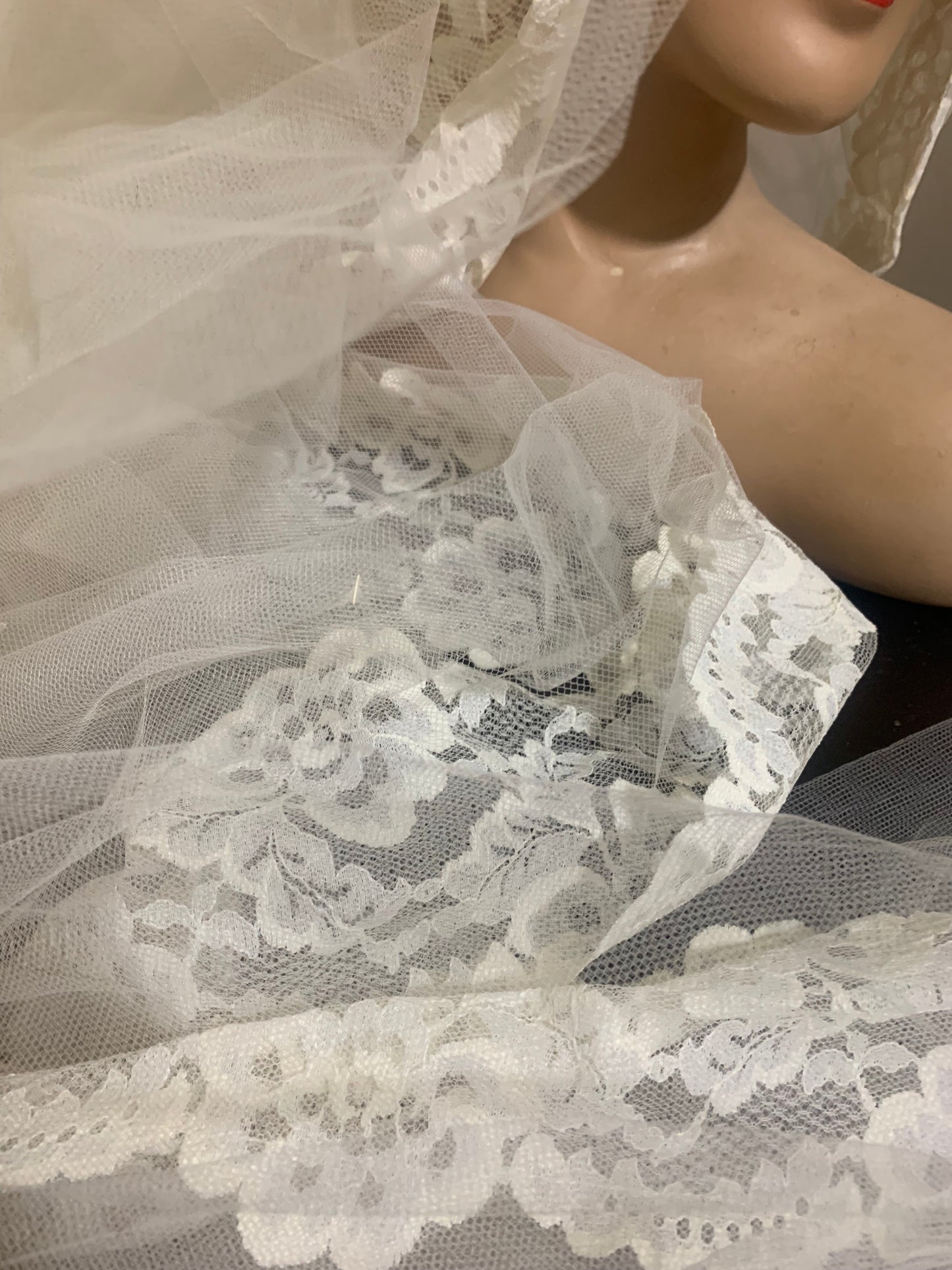 Regency Inspired Empire Waist Lace Trimmed Wedding Dress & Long Veil circa 1960s