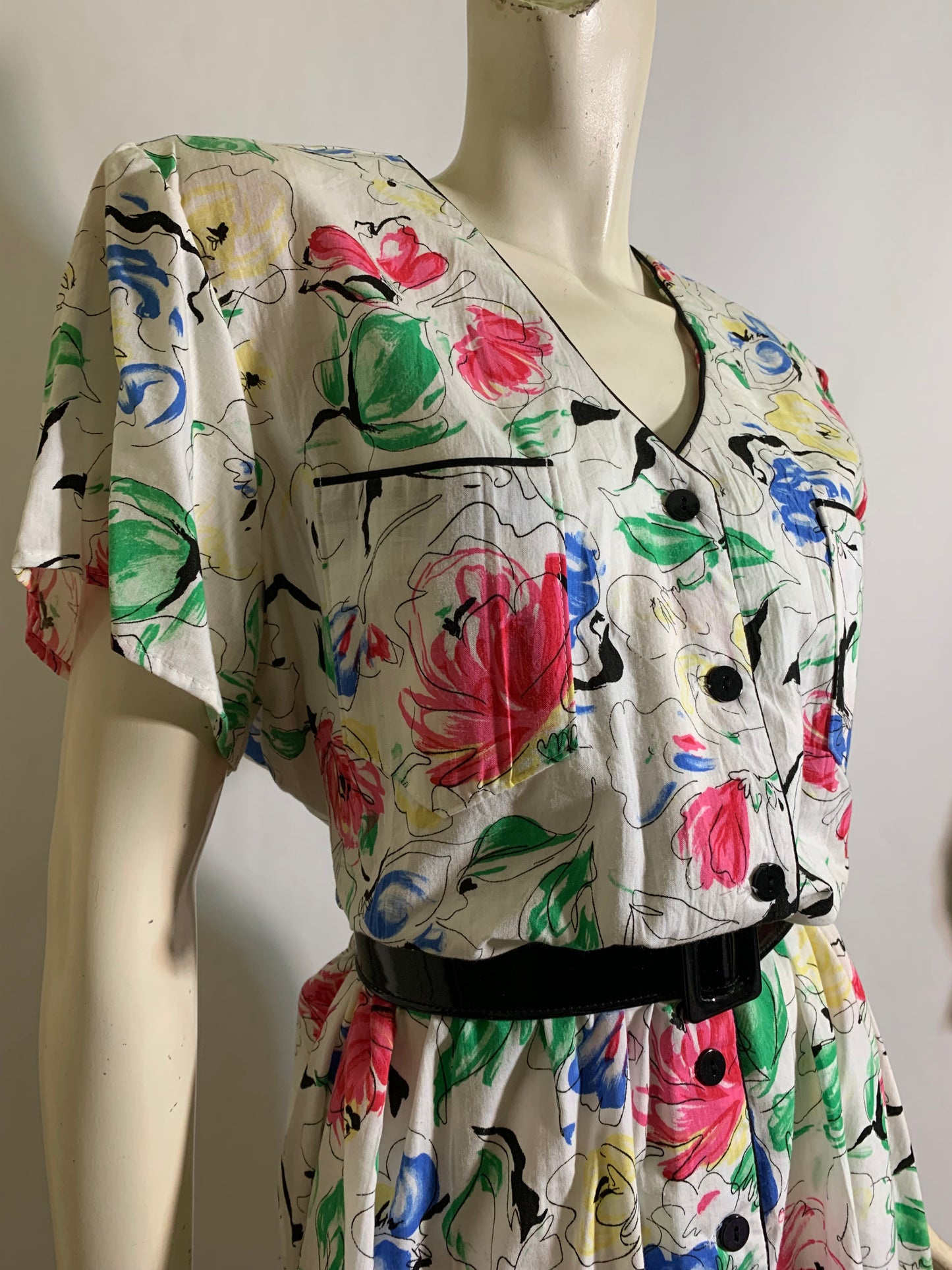 Sketchwork Bright Flower Print Cotton Dress circa 1980s