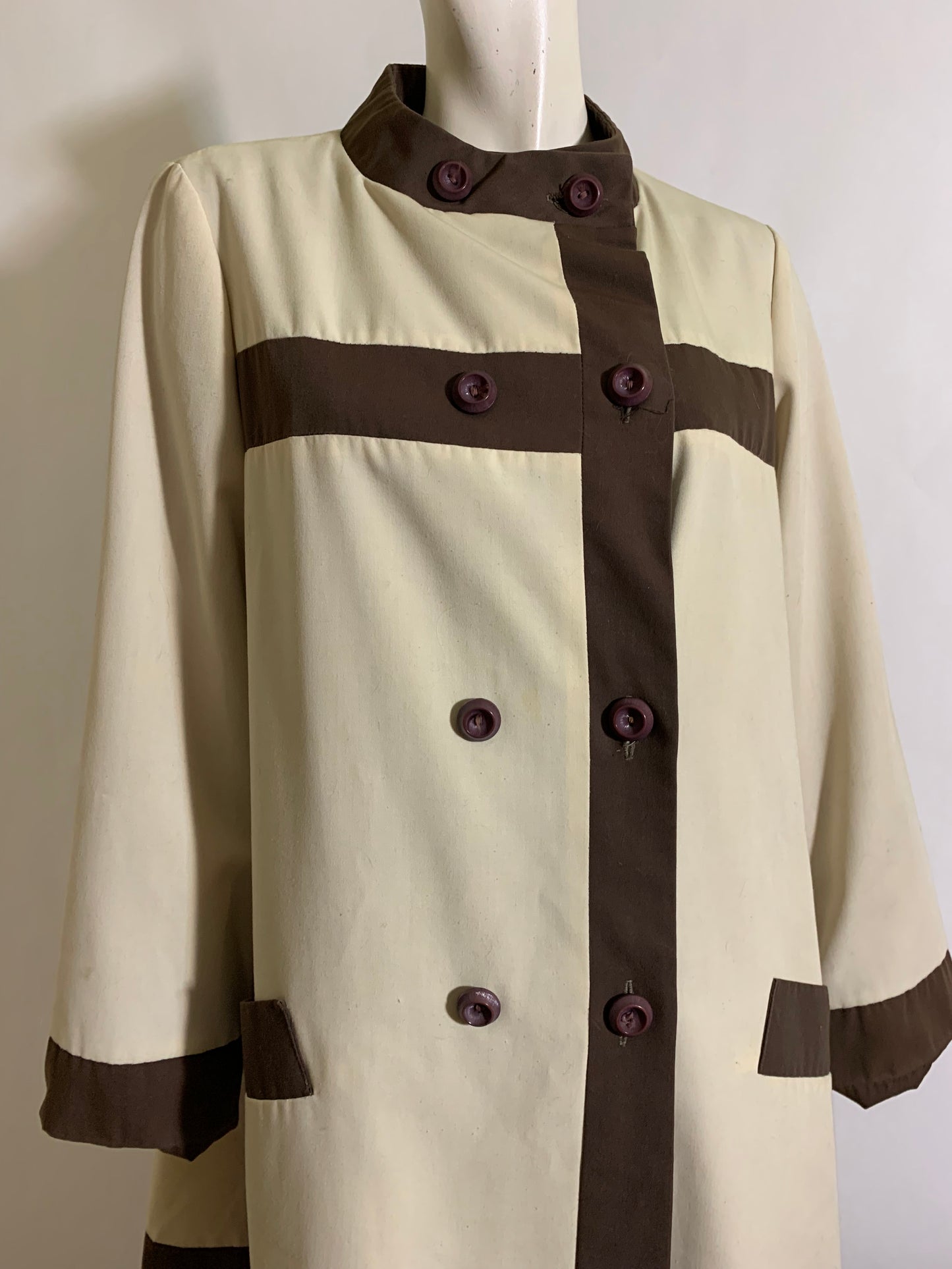 Chic High Collar Cocoa and Tan Poplin Spring or Fall Coat circa 1960s