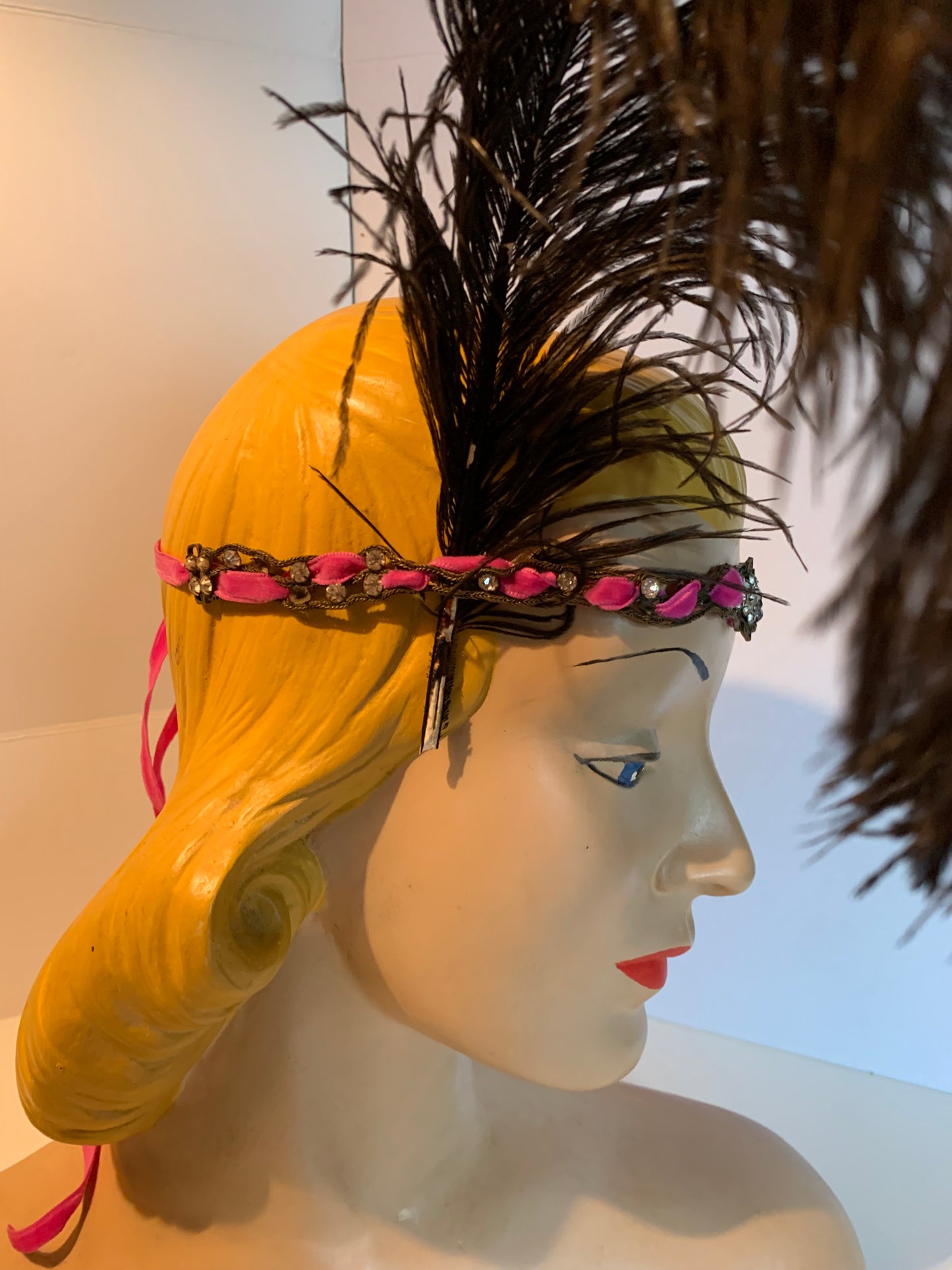 Rhinestone and Faux Pearl Metal Headpiece or Necklace Pink Ribbon