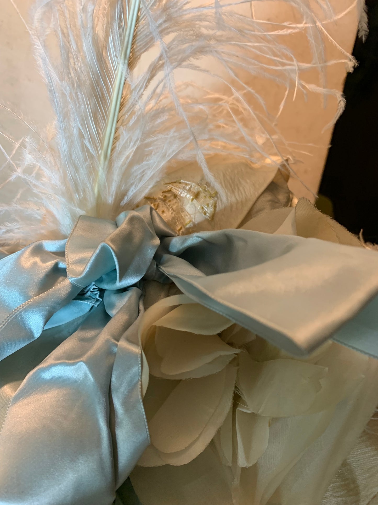 The Bride Reimagined Edwardian Silk Hat and Flowers with Antique Hanky, Pale Blue Ribbon and Feathers