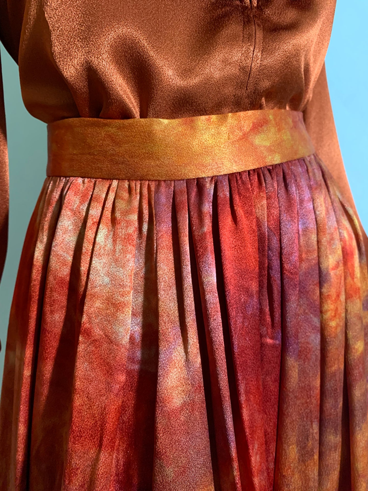 Fiery Tie Dye Peasant Style Silk Charmeuse 3 Piece Maxi Dress Set circa 1970s