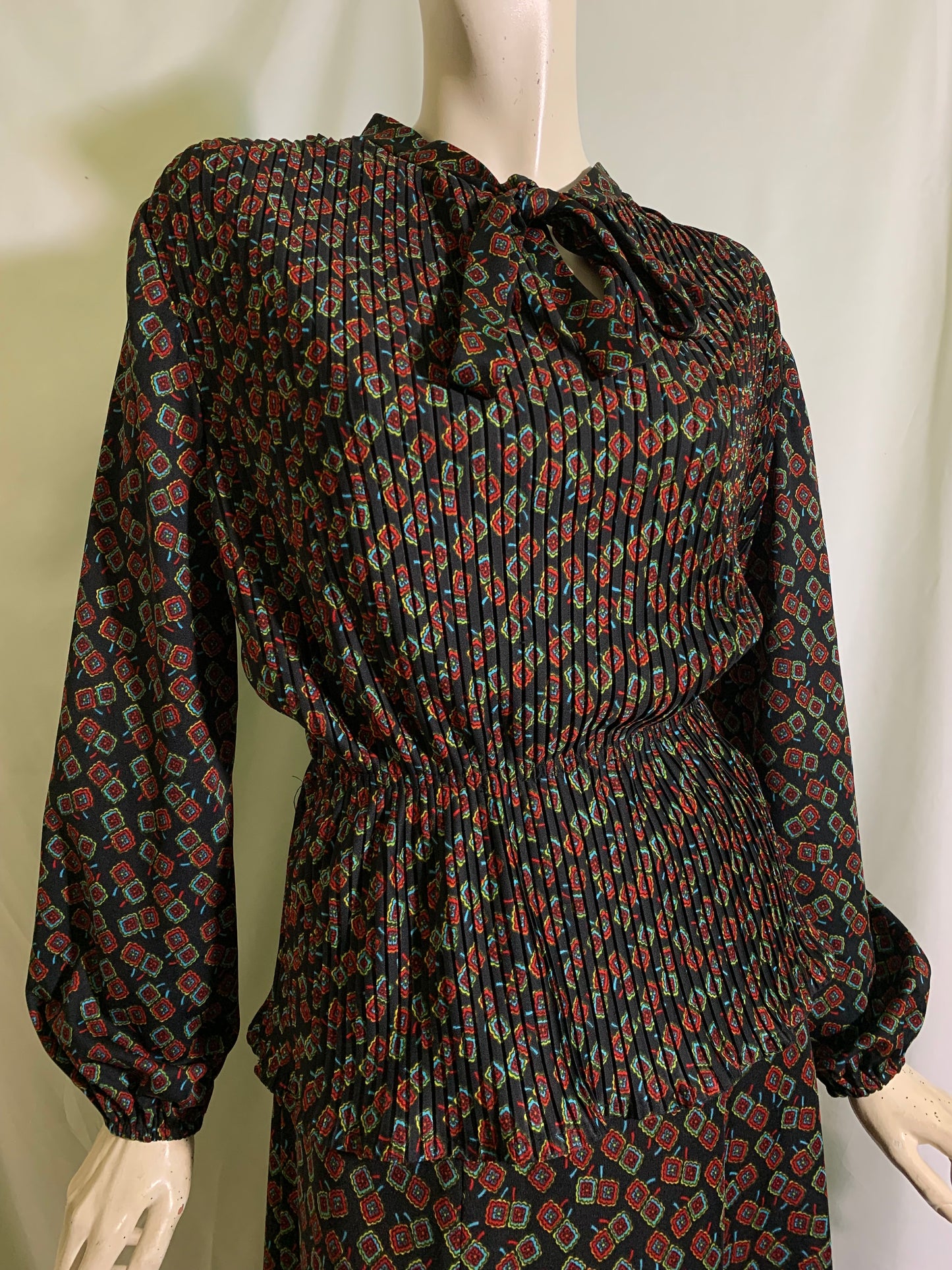 Pleated Blouson Top and Skirt 2 pc Dress circa 1970s