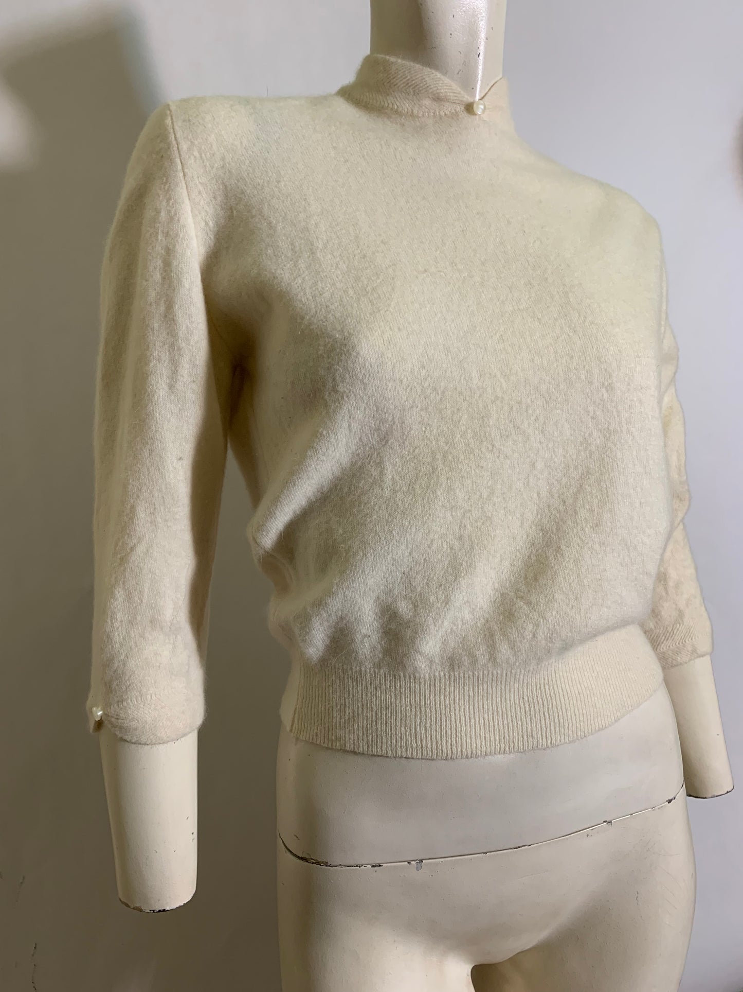 RESERVED Ivory Orlon High Collared Sweater with Button Accent circa 1960s