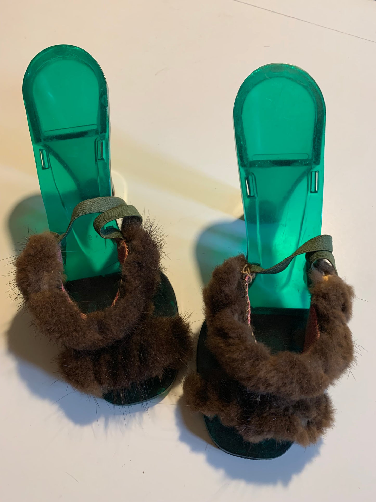 Iconic Green Lucite and Mink High Heel Shoes circa 1950s 6.5