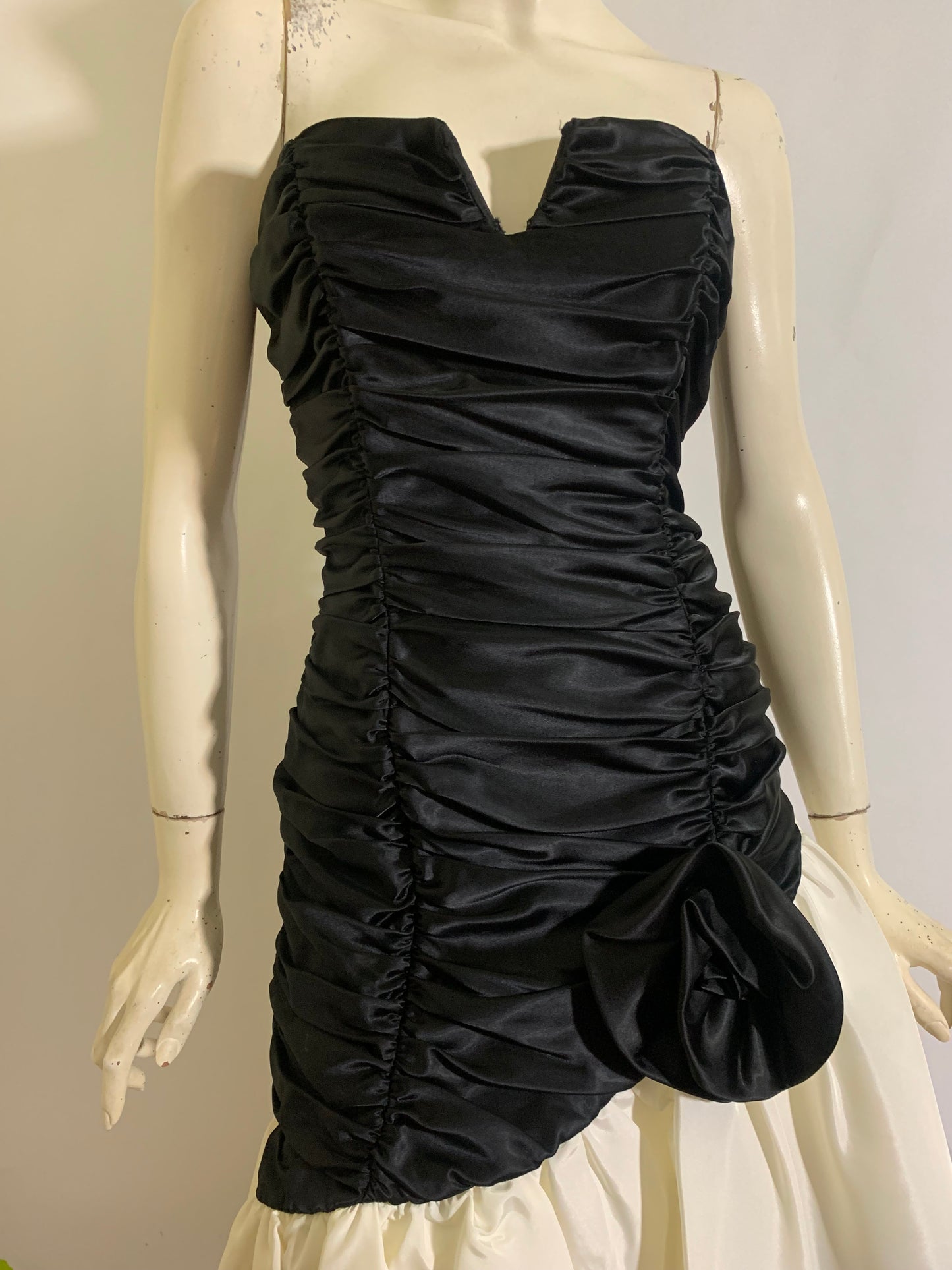 Strapless Ruched Bodice Party Dress with Lace Trimmed Asymmetrical Skirt circa 1980s