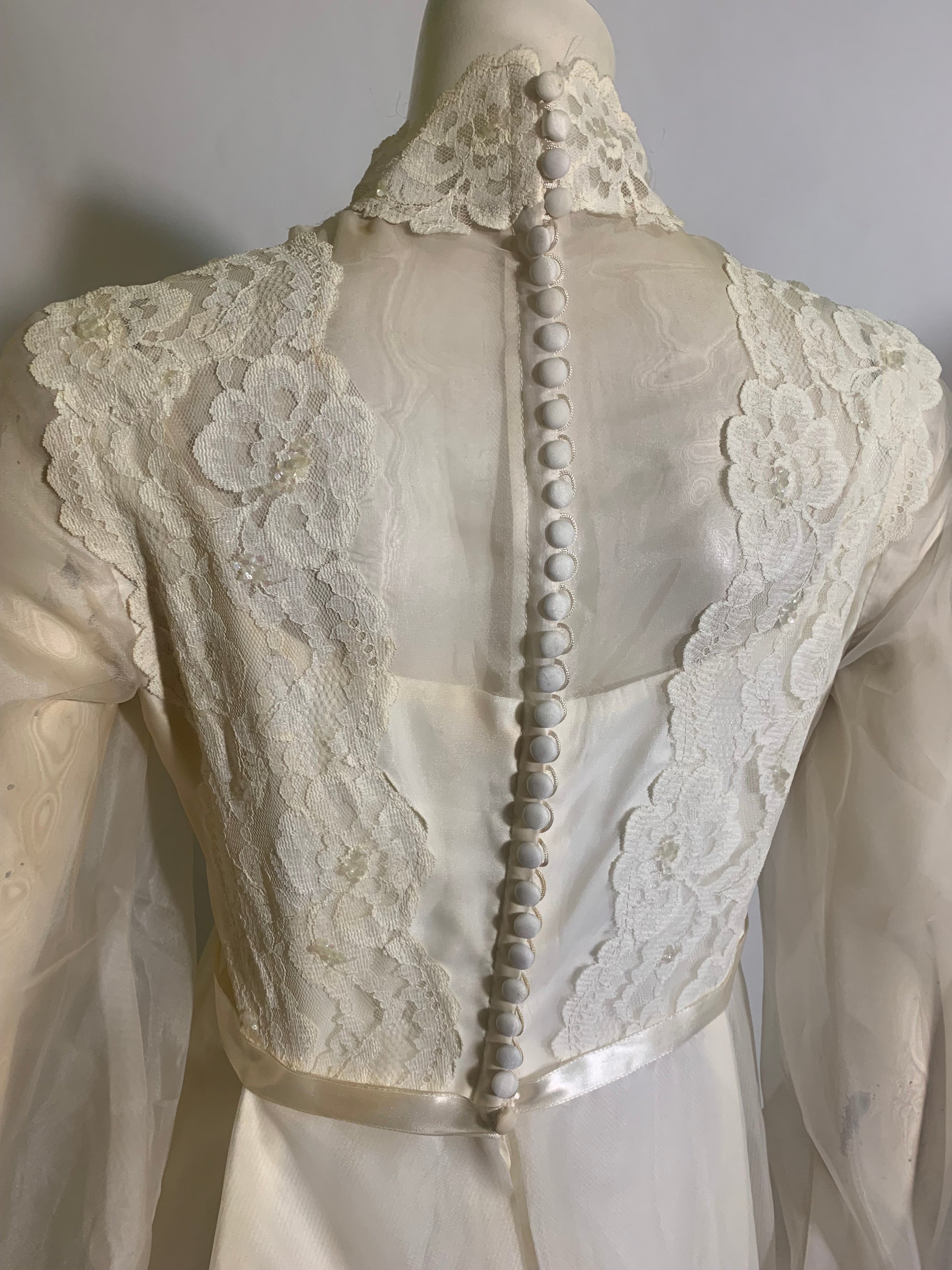 Regency Inspired Empire Waist Lace Trimmed Wedding Dress & Long Veil circa 1960s Regency Inspired Empire Waist Lace Trimmed Wedding Dress & Long Veil circa 1960s